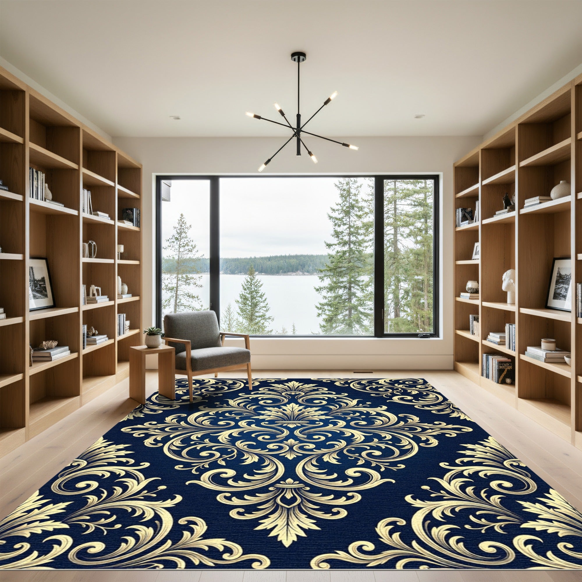 Ornate Gold Acanthus Scrollwork Navy Rug