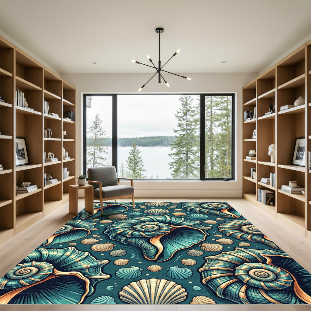 Teal Seashell Spiral Nautical Ocean Art Rug