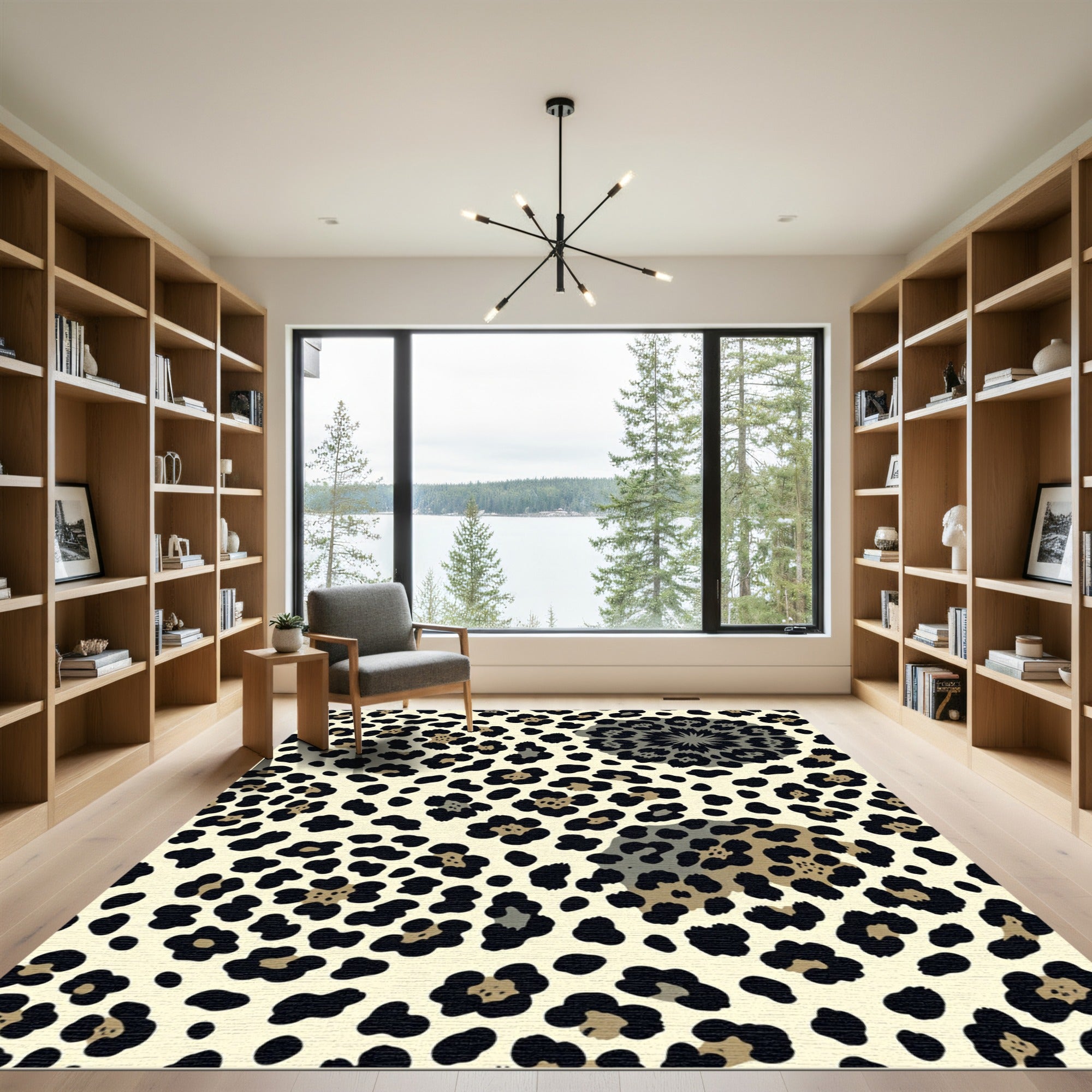 Beige Leopard Spots Charcoal Abstract Floral Rug