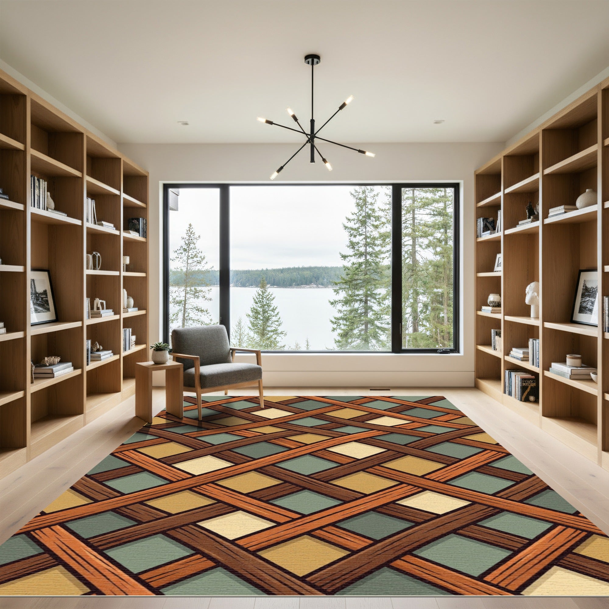 Woven Brown Ochre Sage Lattice Grid Rug