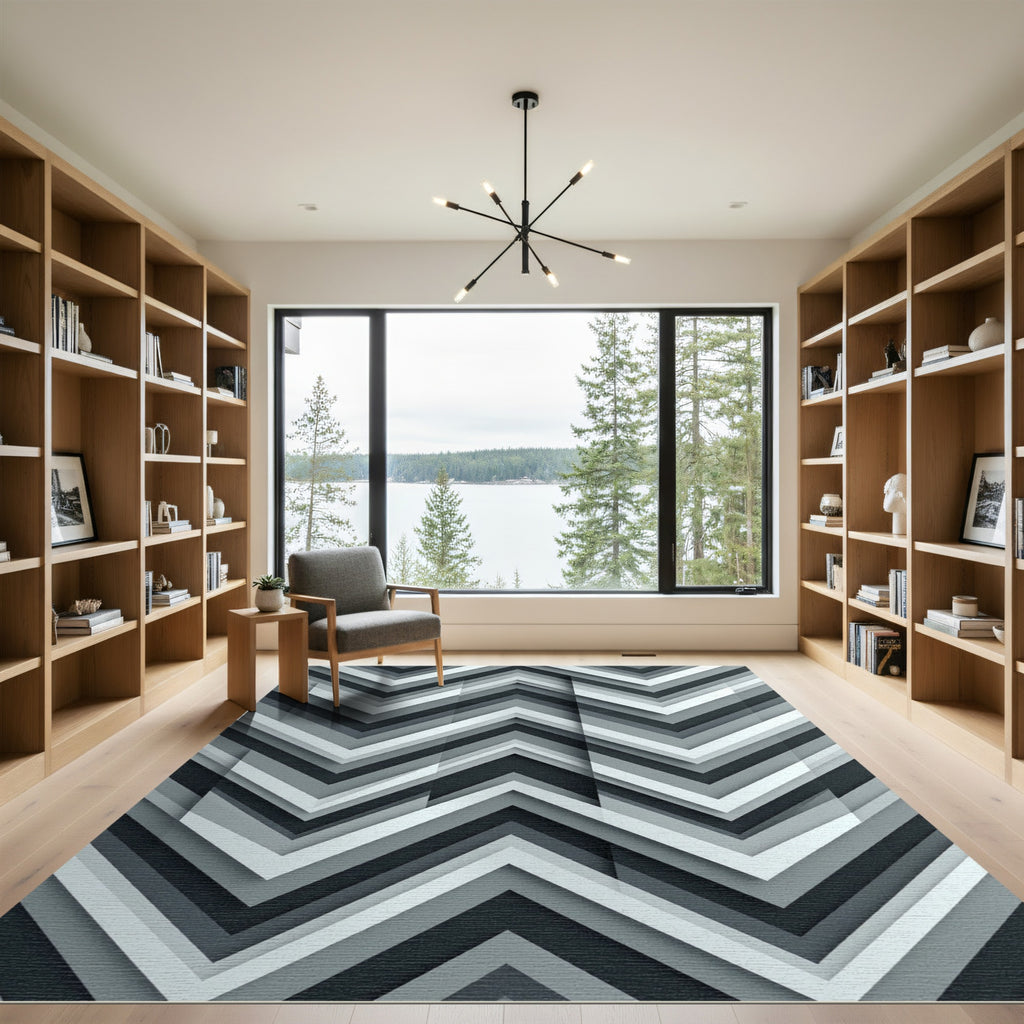Monochrome Chevron Layered Geometric Gray Rug