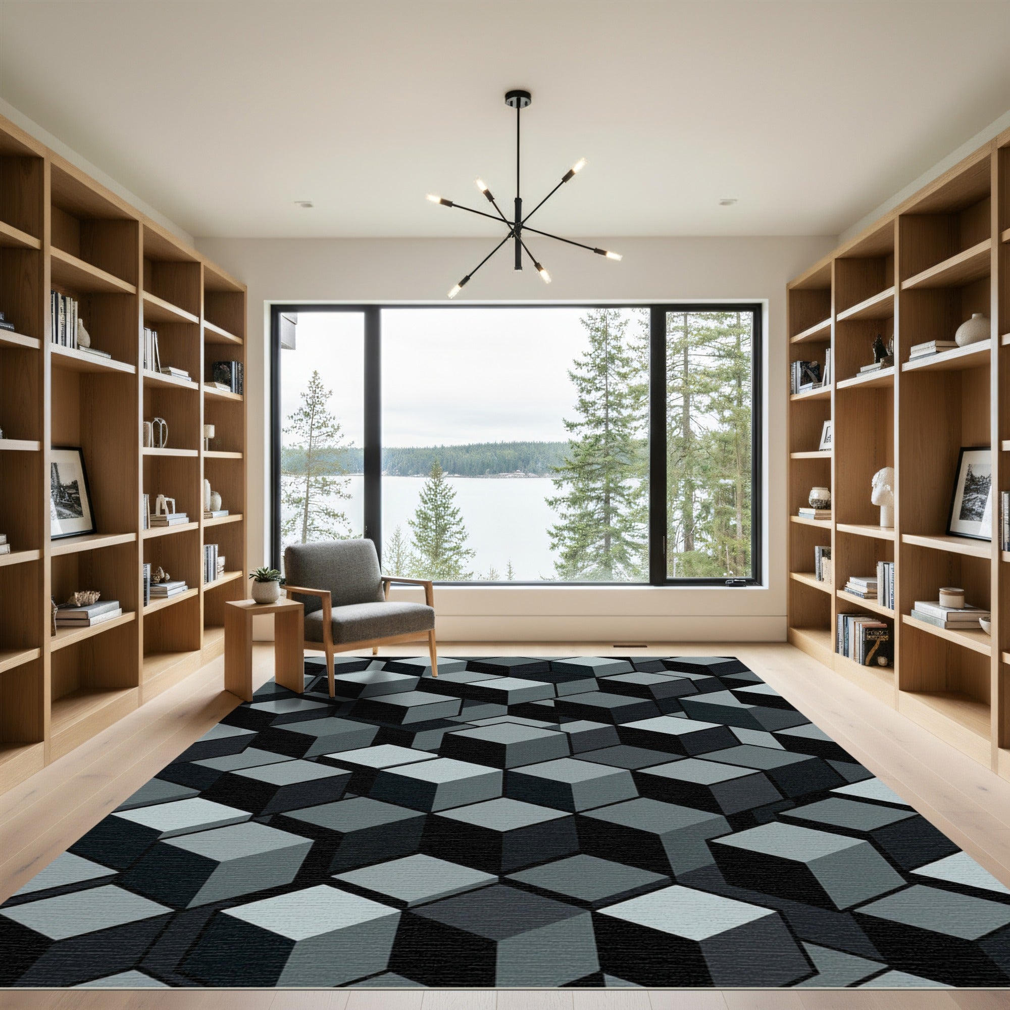 Monochromatic Geometric Cube Illusion Rug