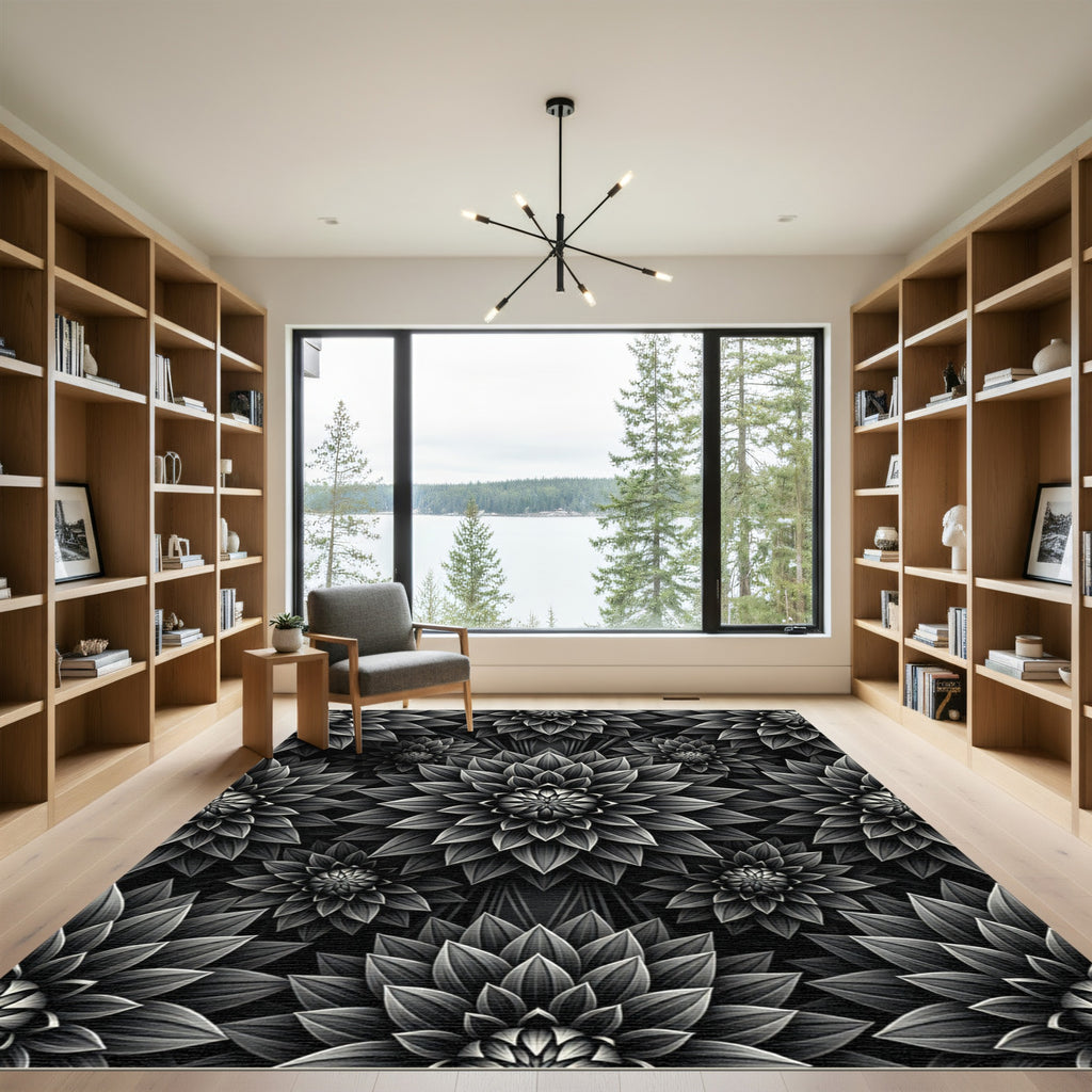 Monochrome Black Floral Dahlia Bloom Rug