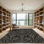 Ornate Black Beige Floral Medallion Rug