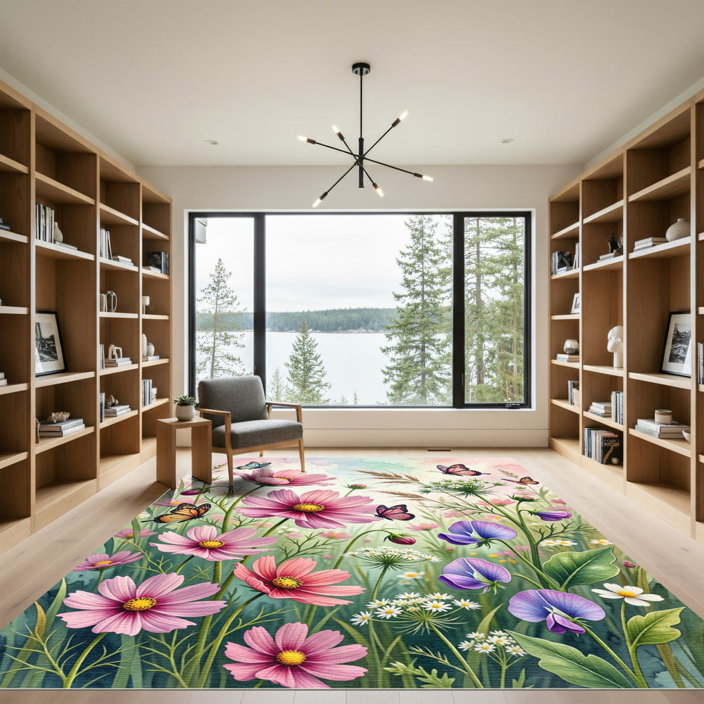 Whimsical Watercolor Pink Floral Butterfly Garden Rug