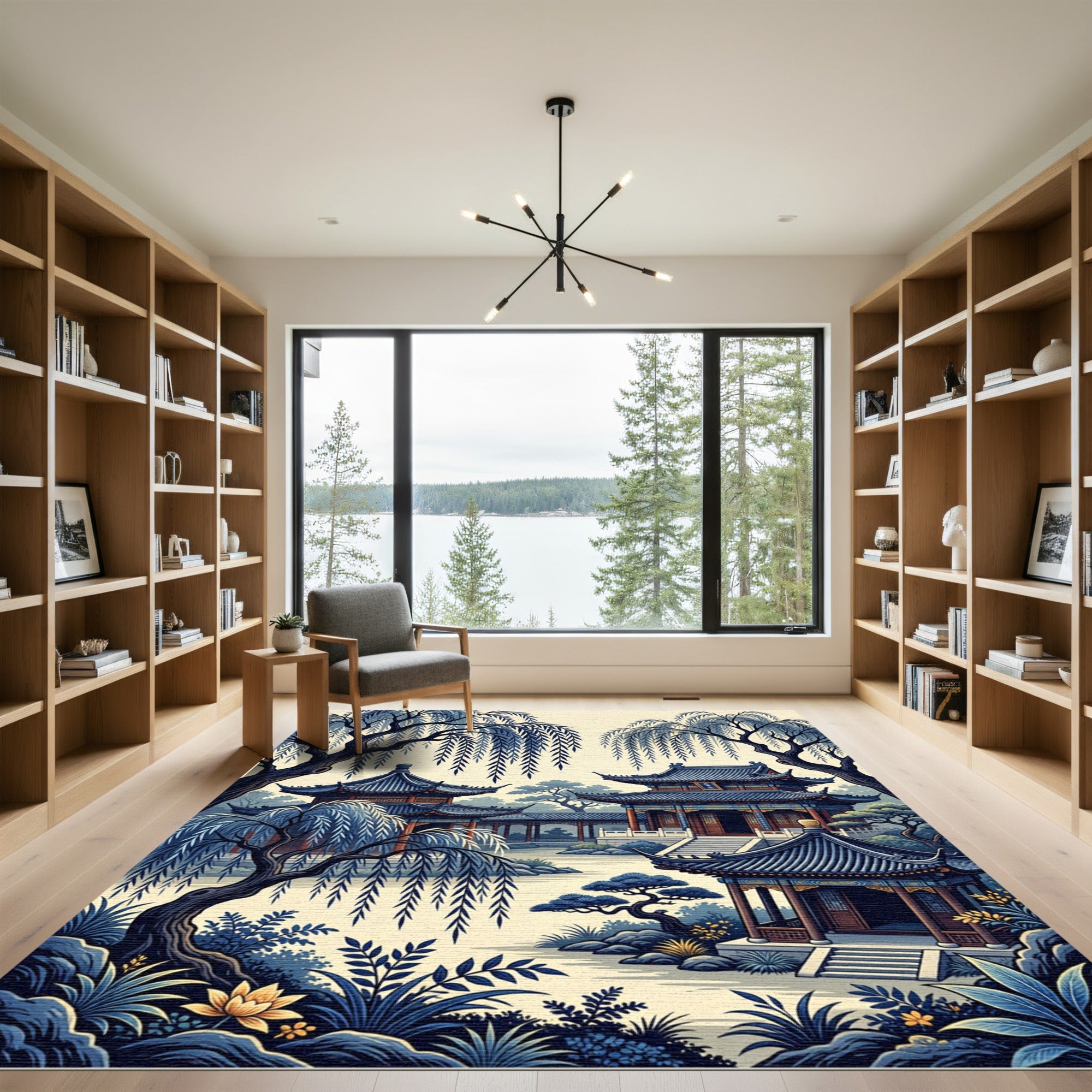 Serene Blue Pagoda Willow Garden Rug