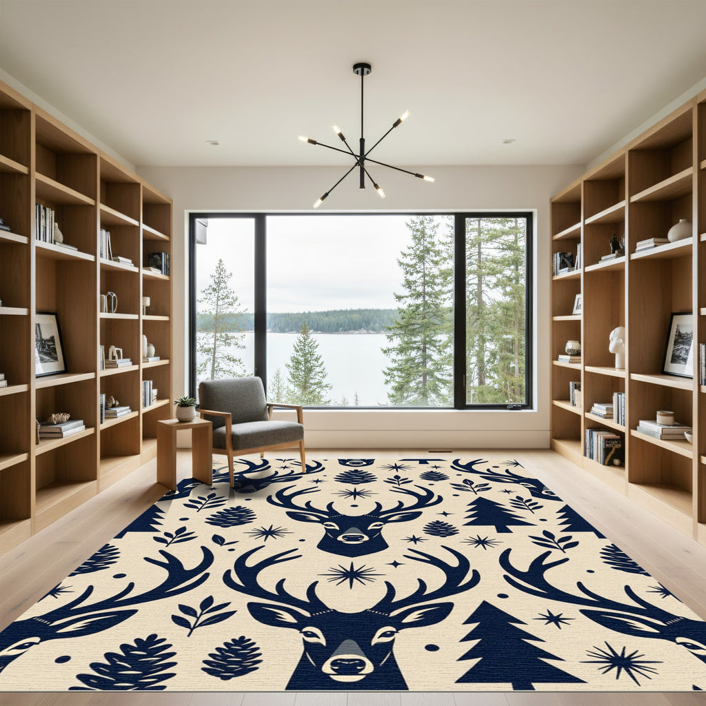 Nordic Navy Reindeer Forest Woodland Rug