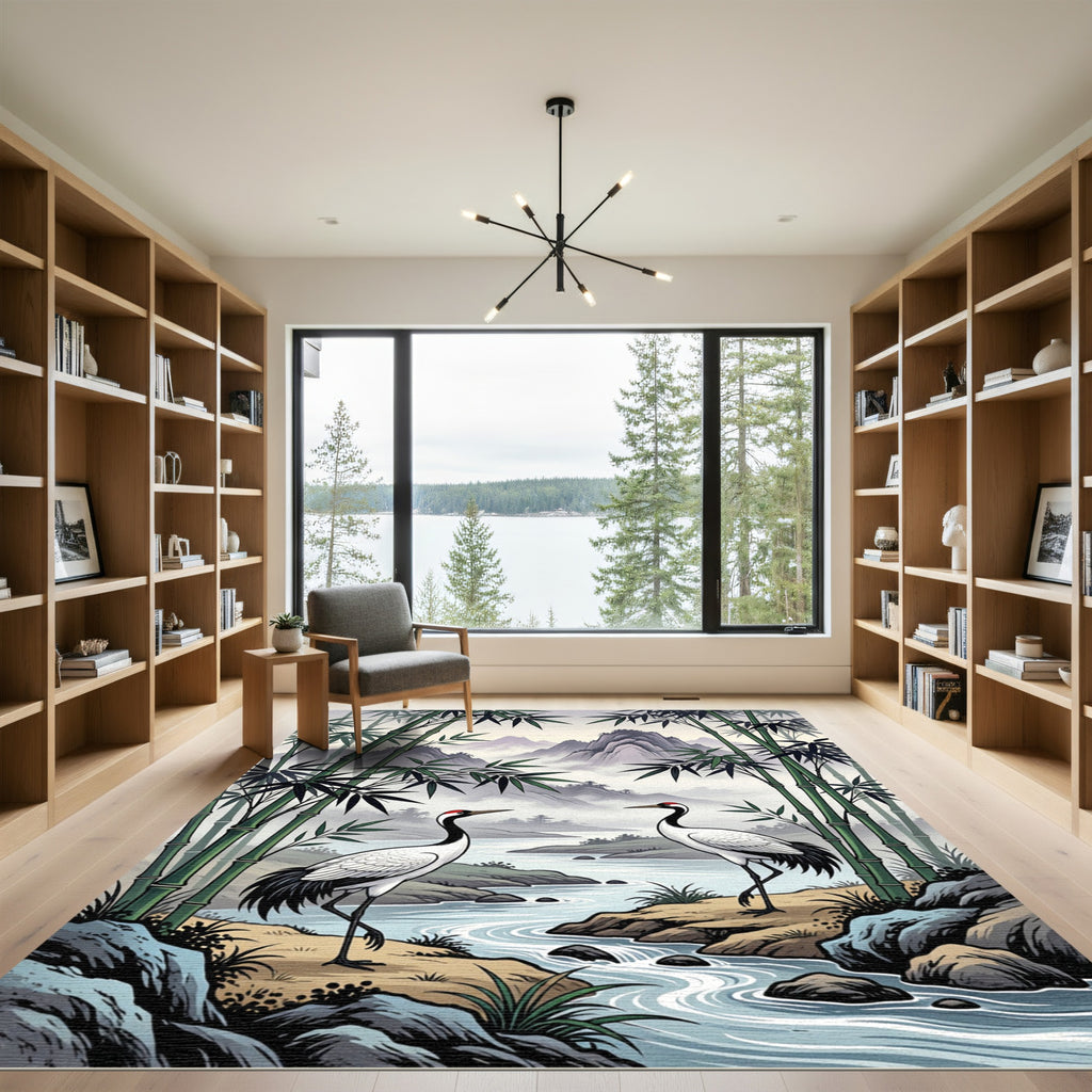 Zen Crane and Bamboo Mountain Landscape Rug