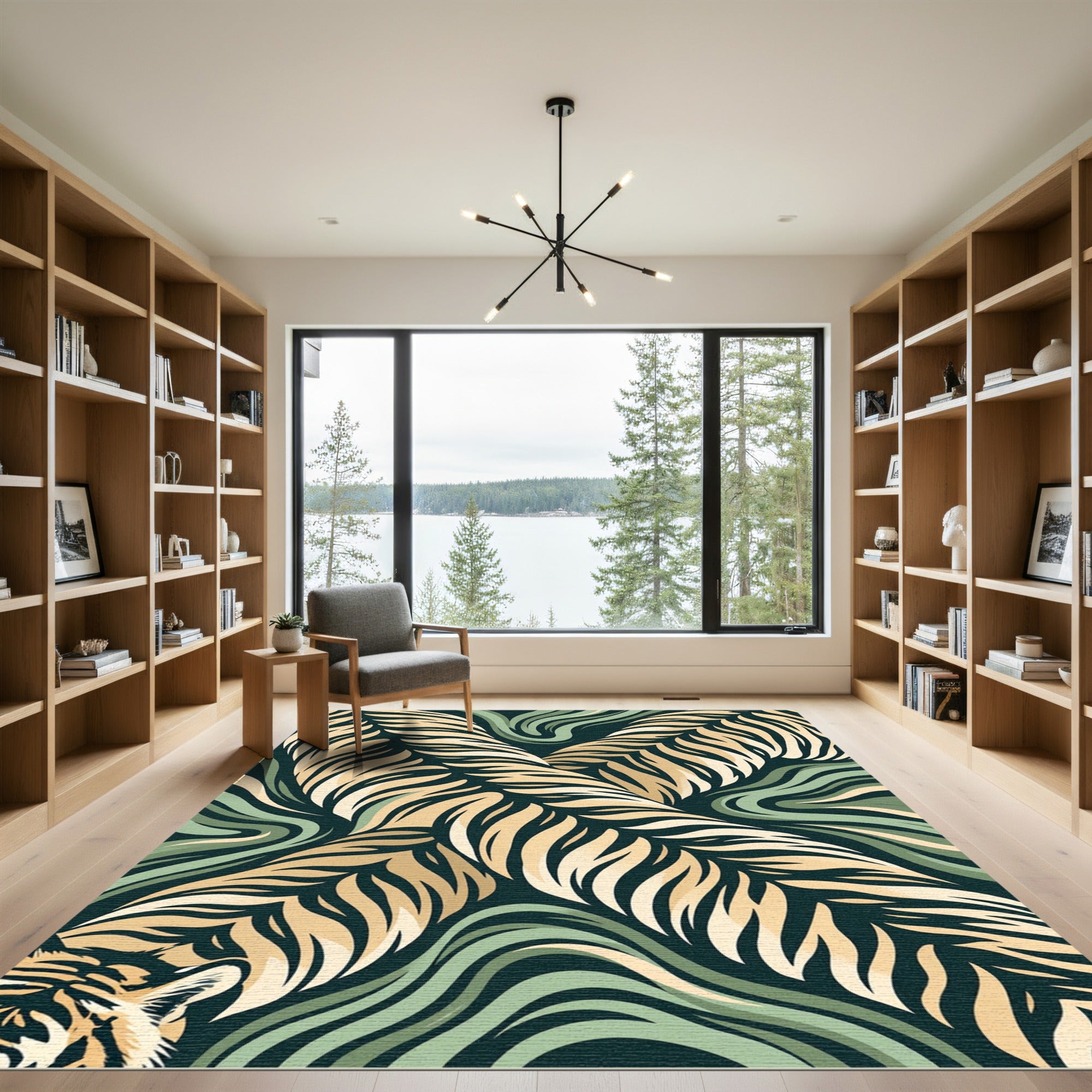 Golden Tiger Stripe Swirl Abstract Rug