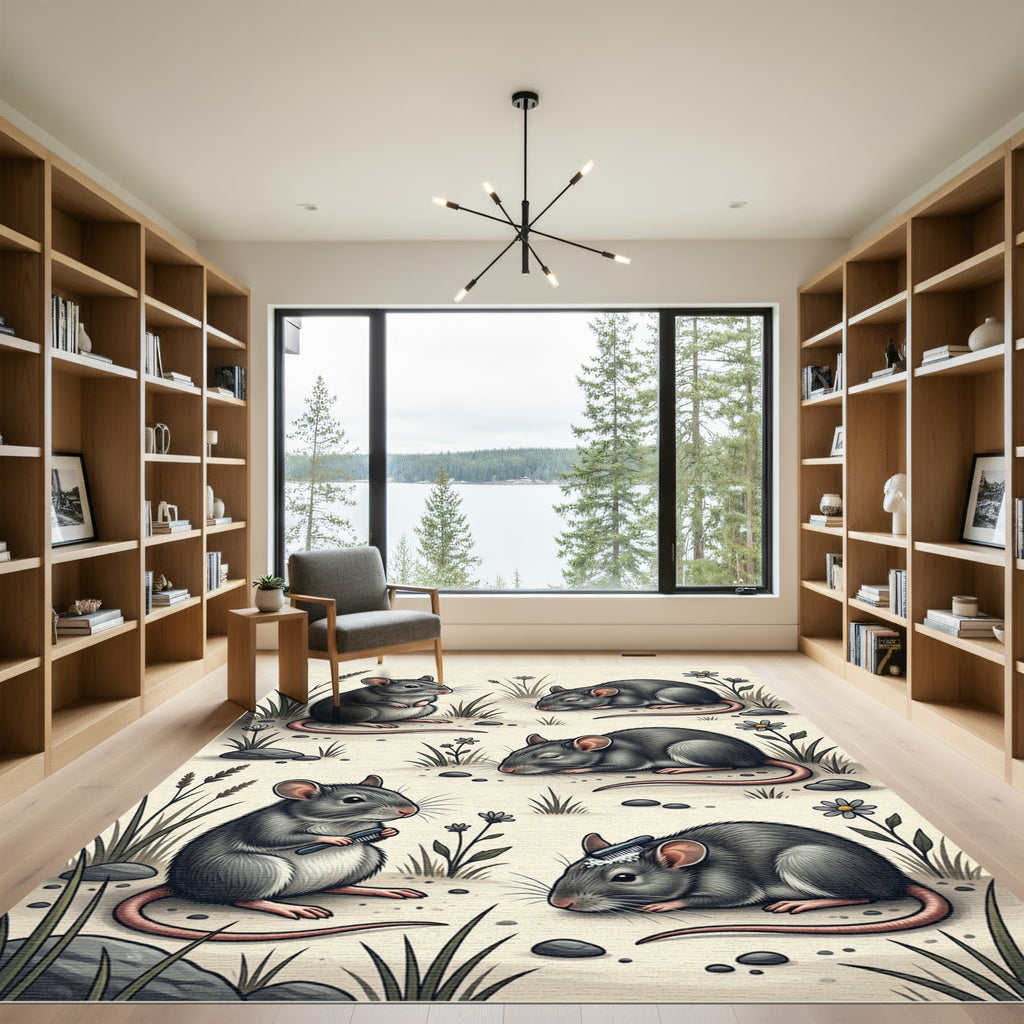 Whimsical Gray Mouse Meadow Illustration Rug