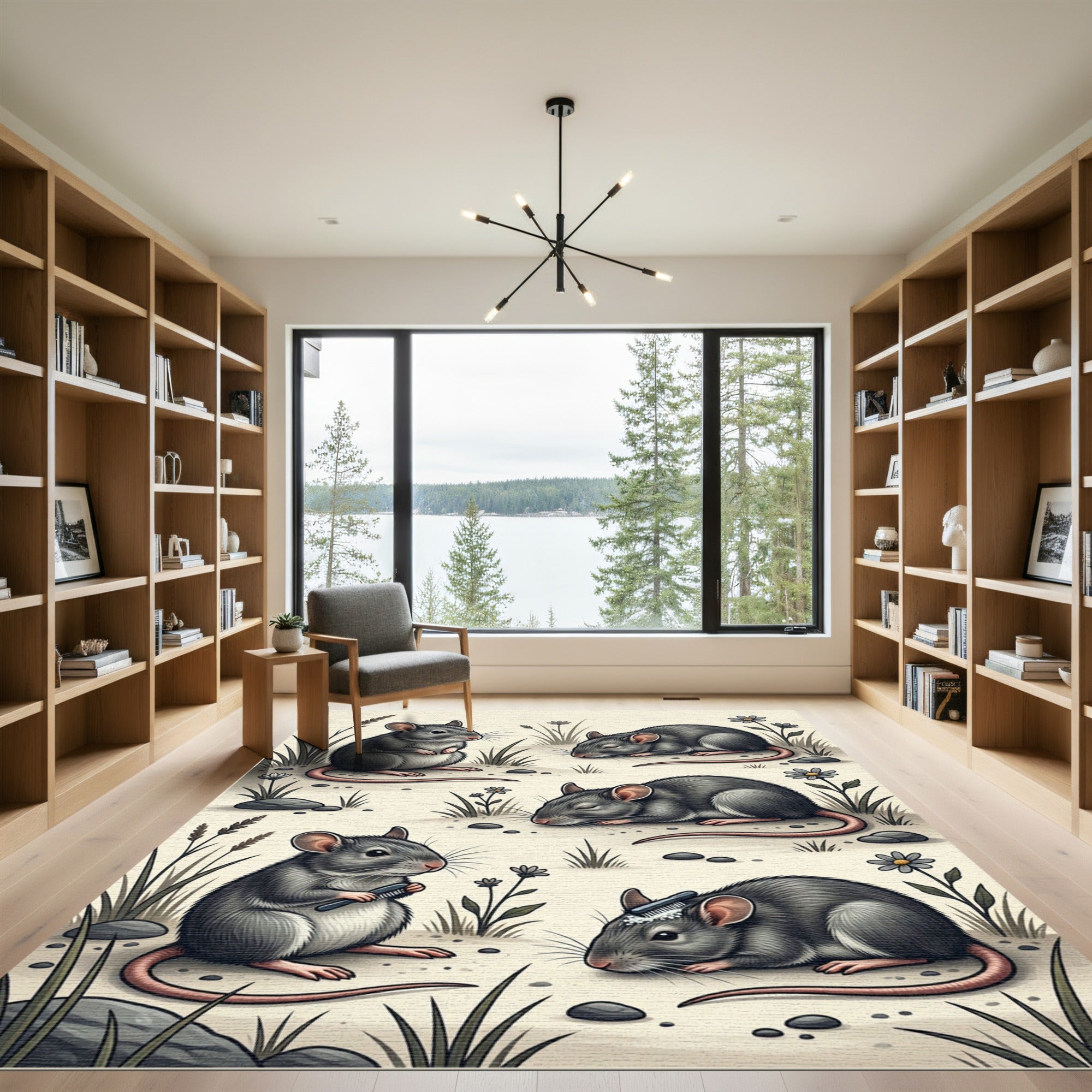 Whimsical Gray Mouse Meadow Illustration Rug