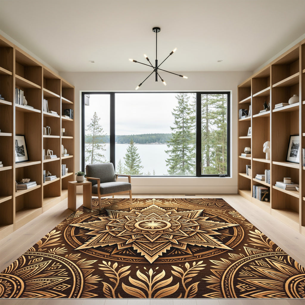 Golden Radial Starburst Mandala Rug