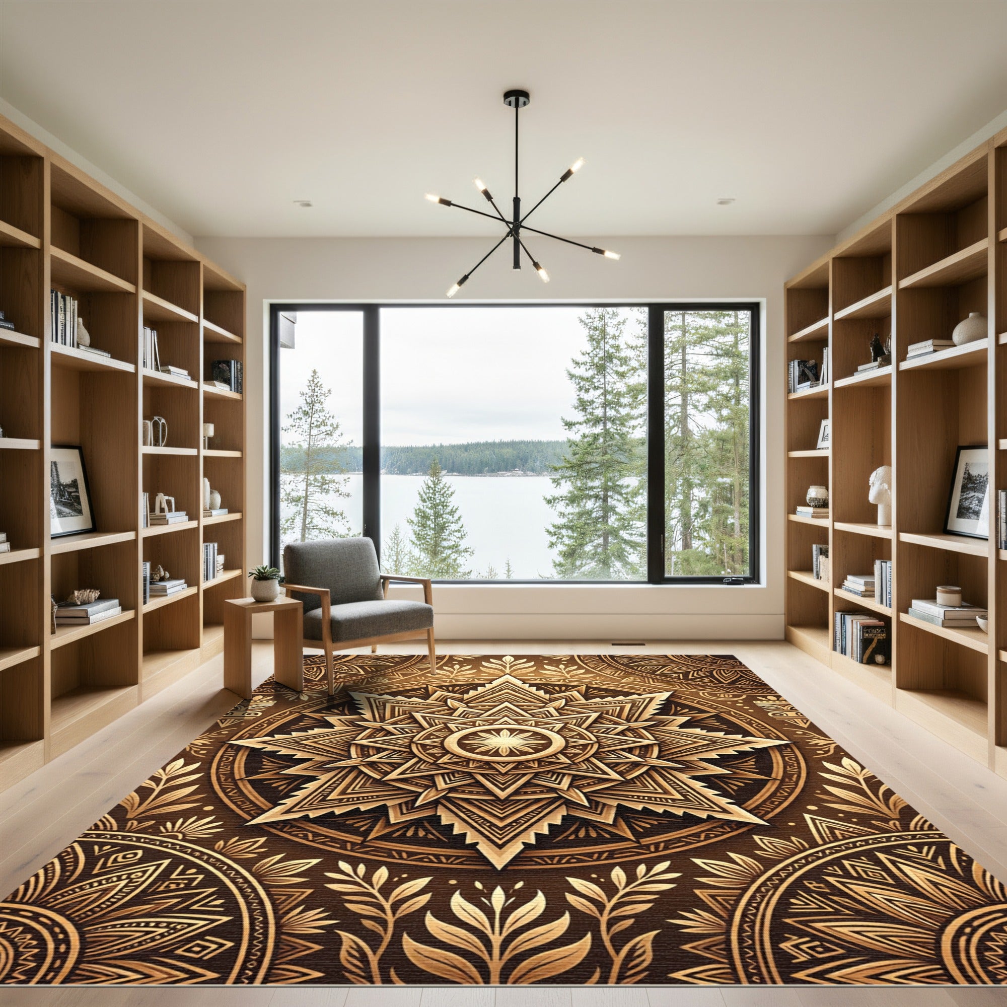 Golden Radial Starburst Mandala Rug