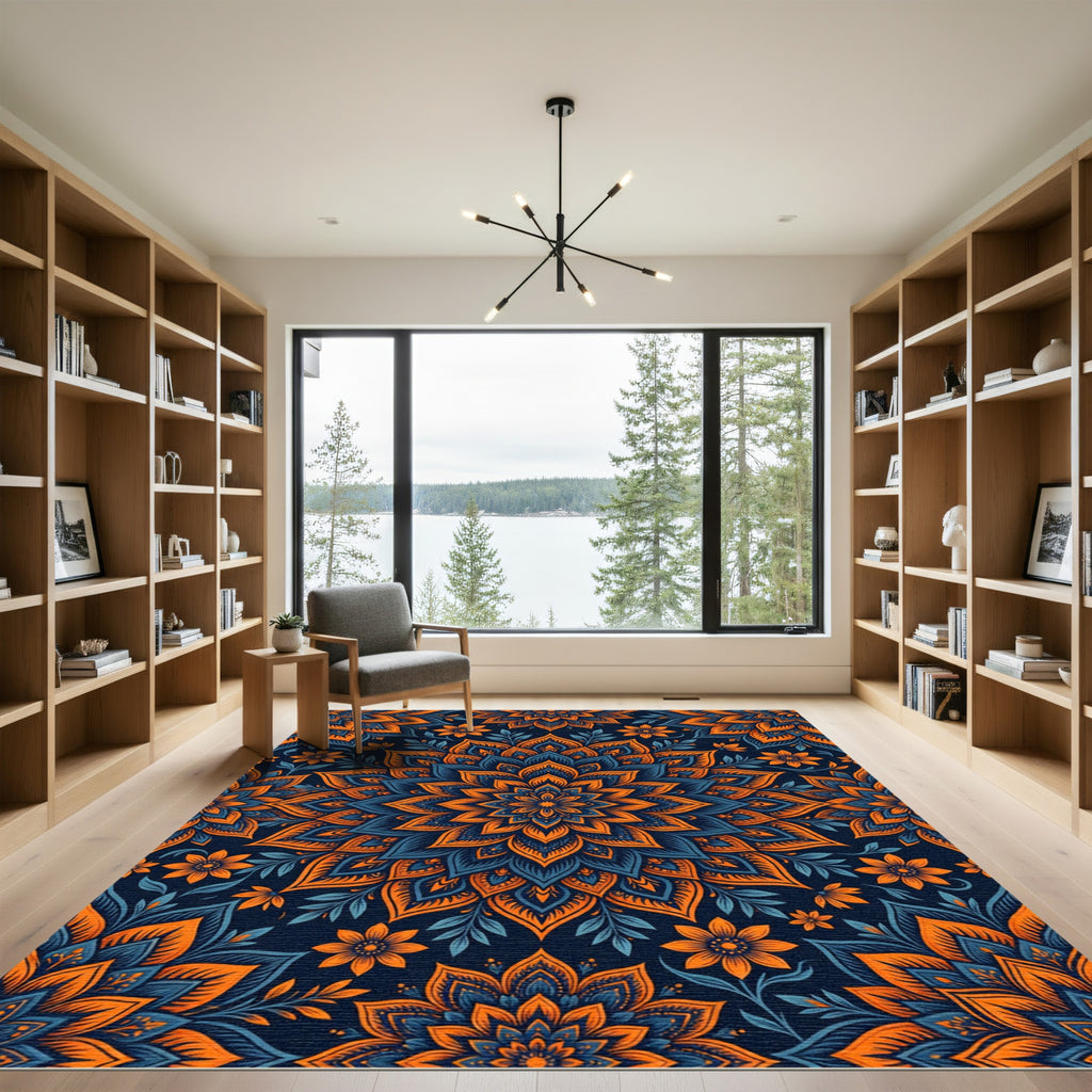 Vibrant Orange Blue Floral Mandala Rug