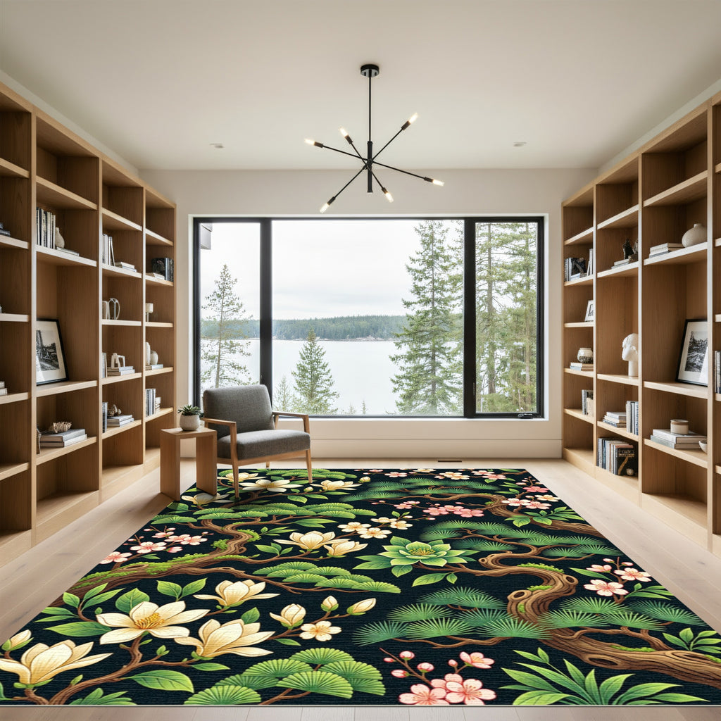White Magnolia Pink Cherry Blossoms Rug