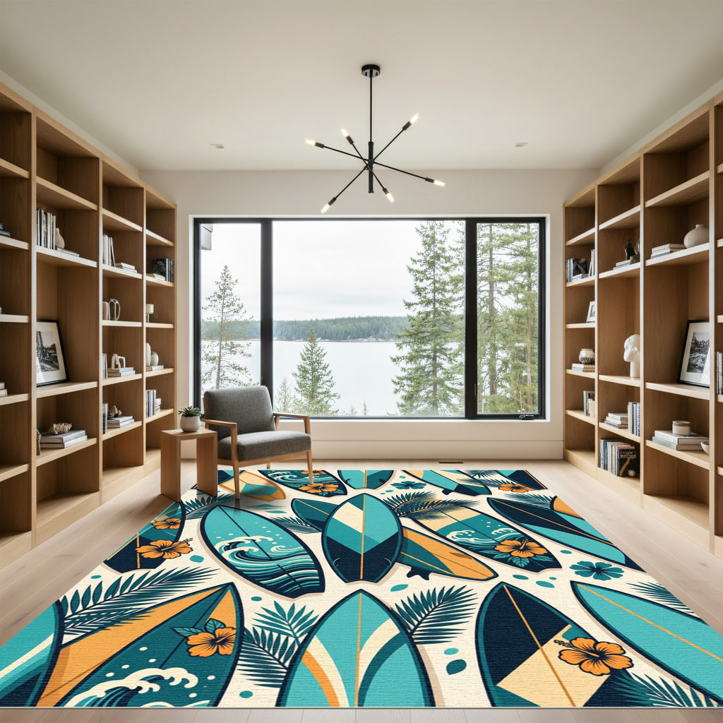 Tropical Teal Surfboard and Hibiscus Illustration Rug
