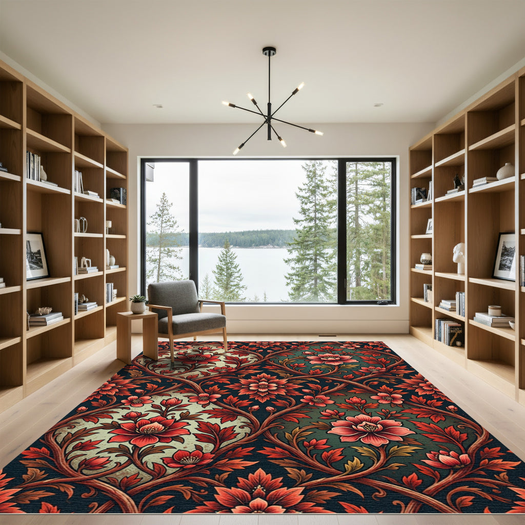 Vintage Crimson Floral Vine Scroll Rug