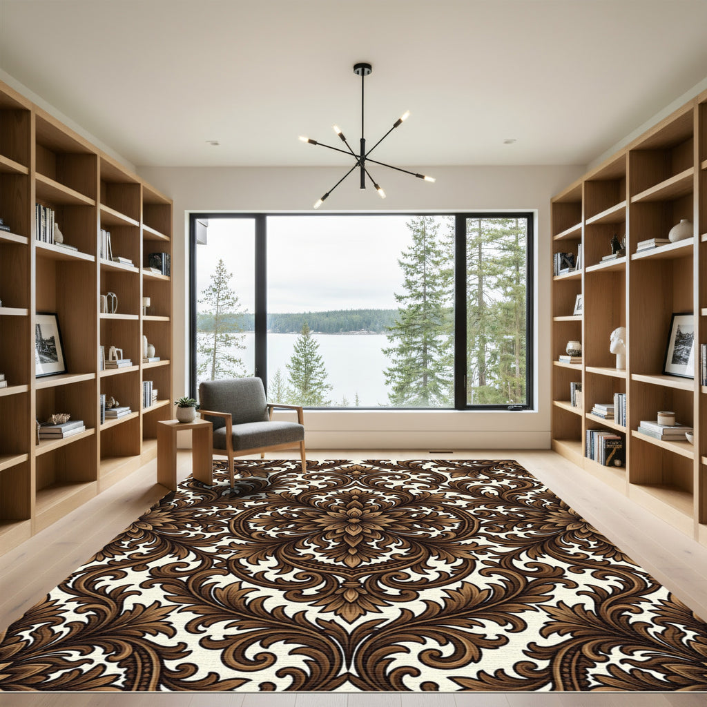 Elegant Rich Brown Acanthus Scroll Rug