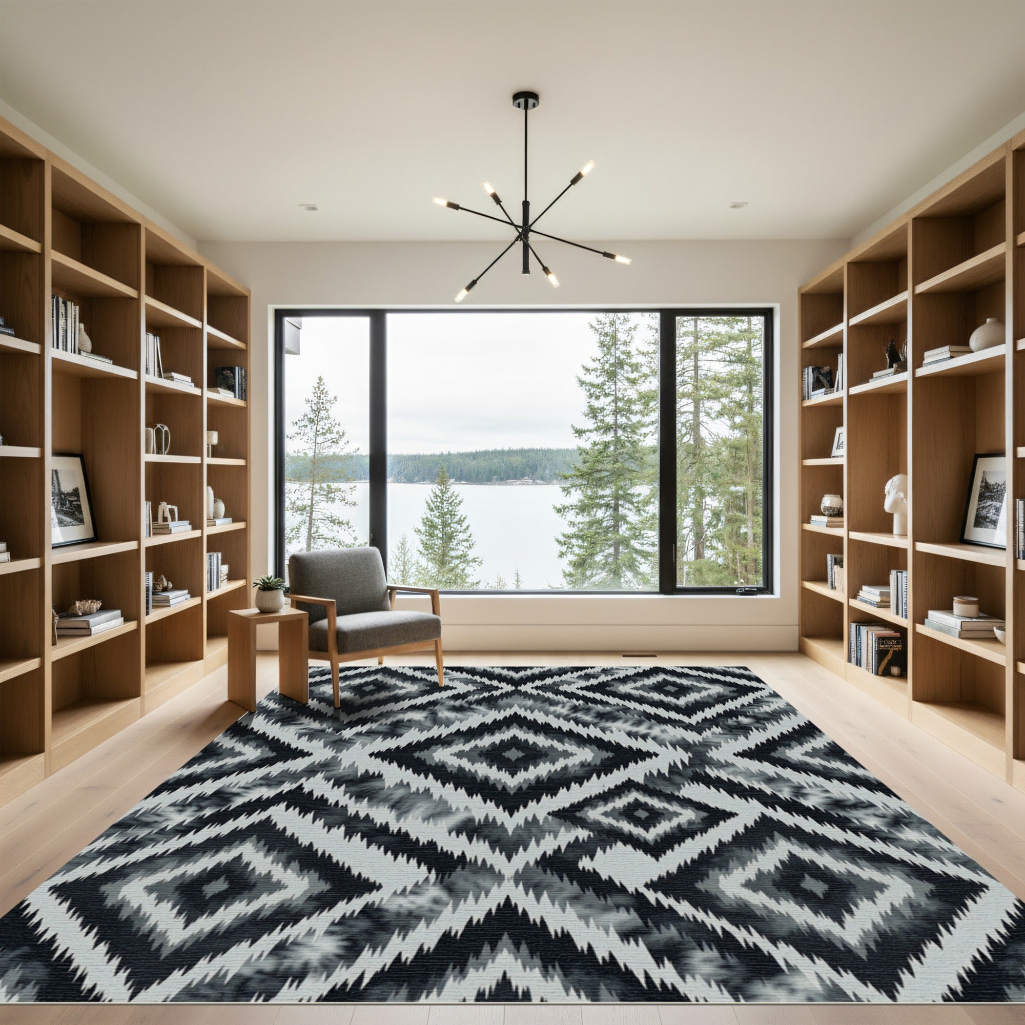 Monochrome Sharp Geometric Diamond Ikat Rug