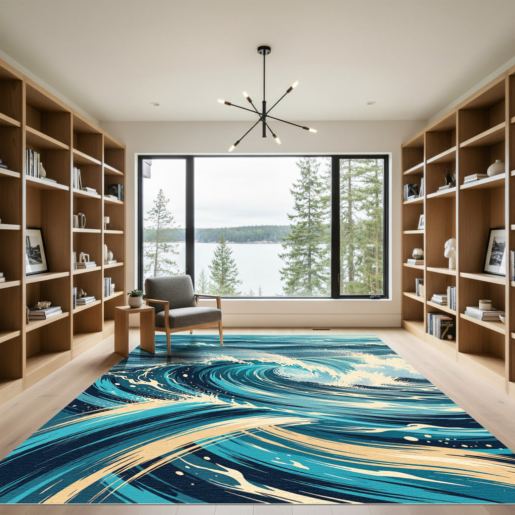 Dynamic Navy Blue Swirling Ocean Wave Rug