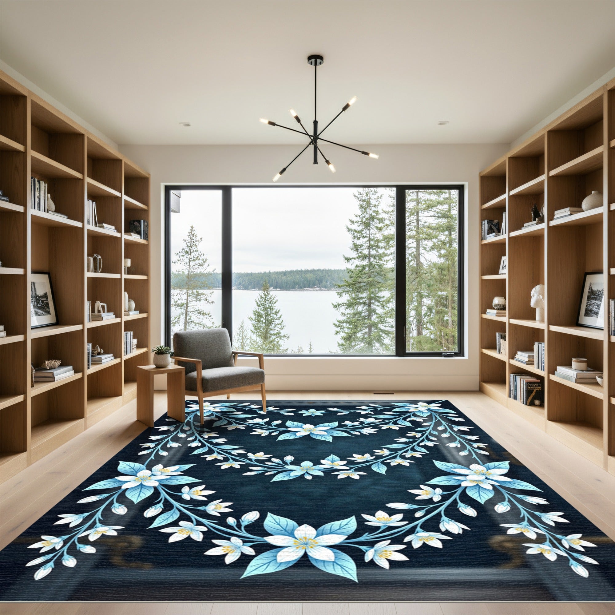 Elegant Blue Floral Garlands on Navy Rug