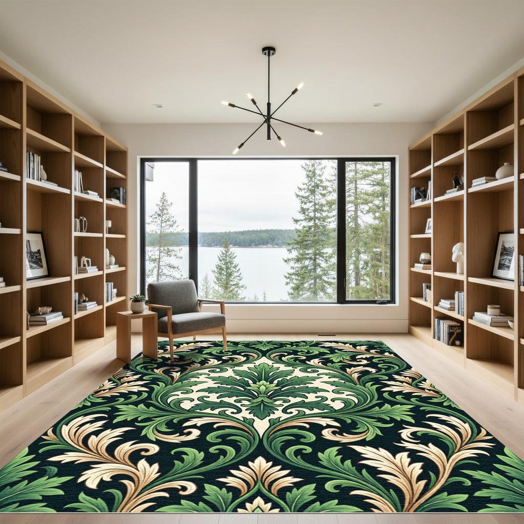 Vivid Green and Beige Acanthus Scroll Rug