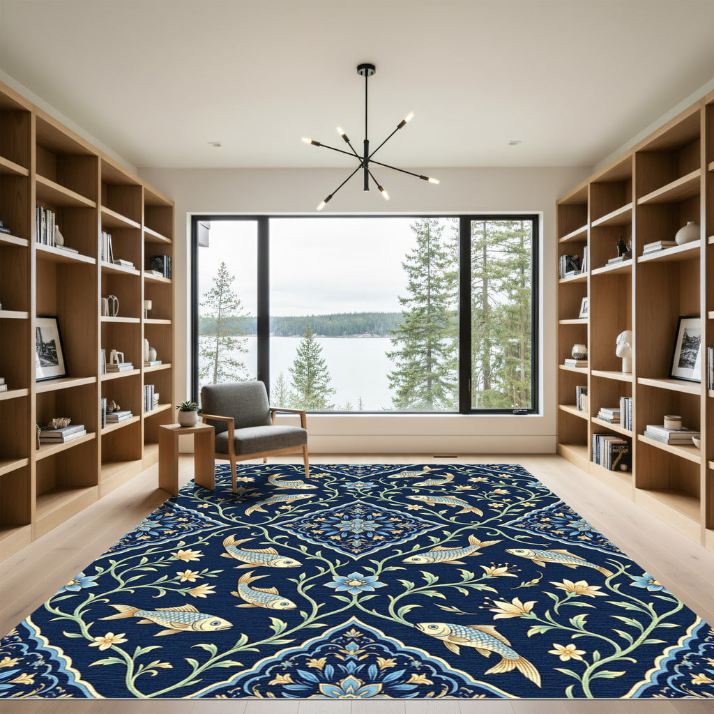 Aquatic Blue Floral Fish Medallion Rug
