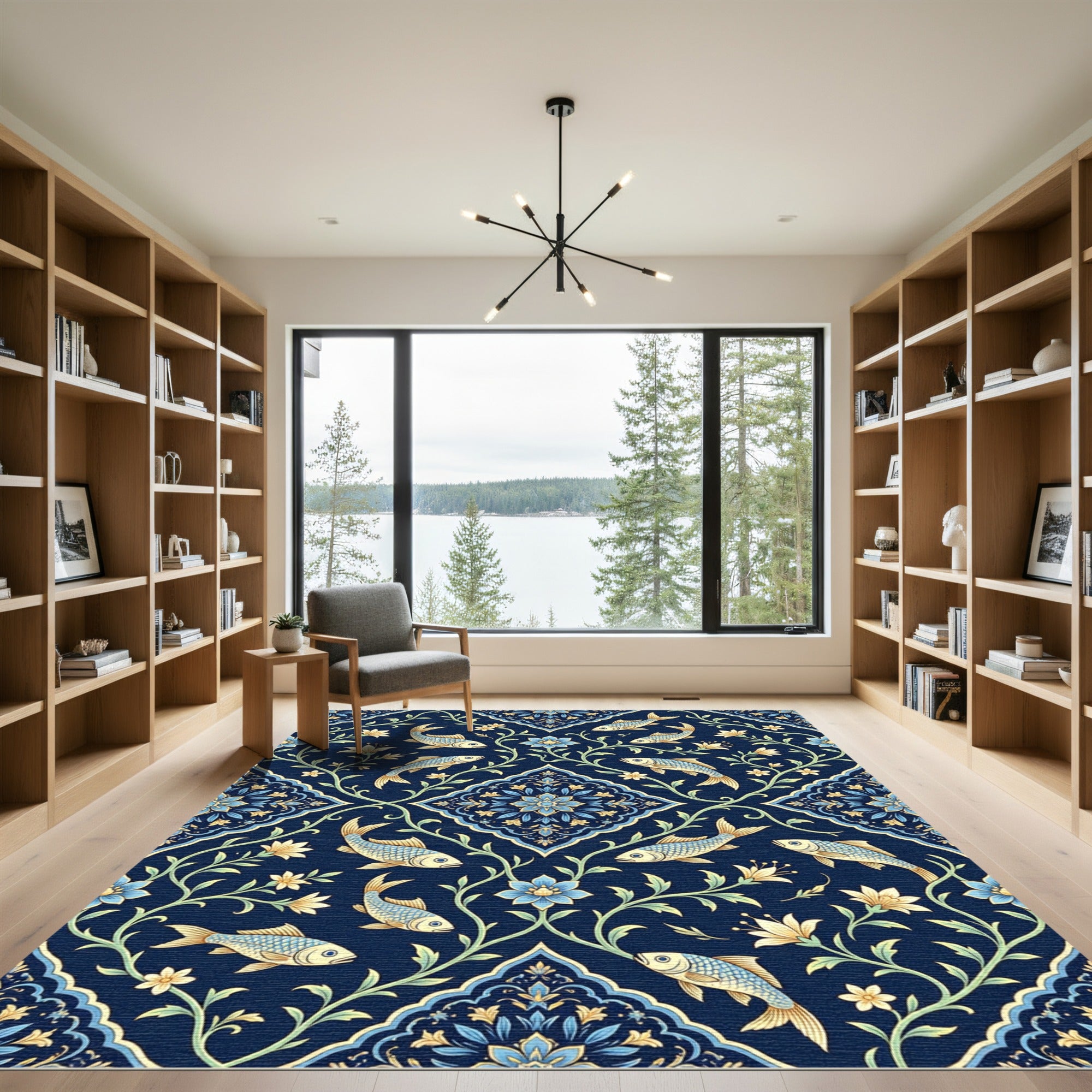 Aquatic Blue Floral Fish Medallion Rug