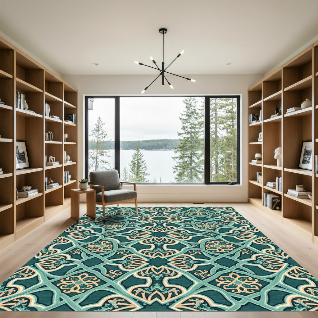 Teal Ornate Lattice Floral Damask Rug