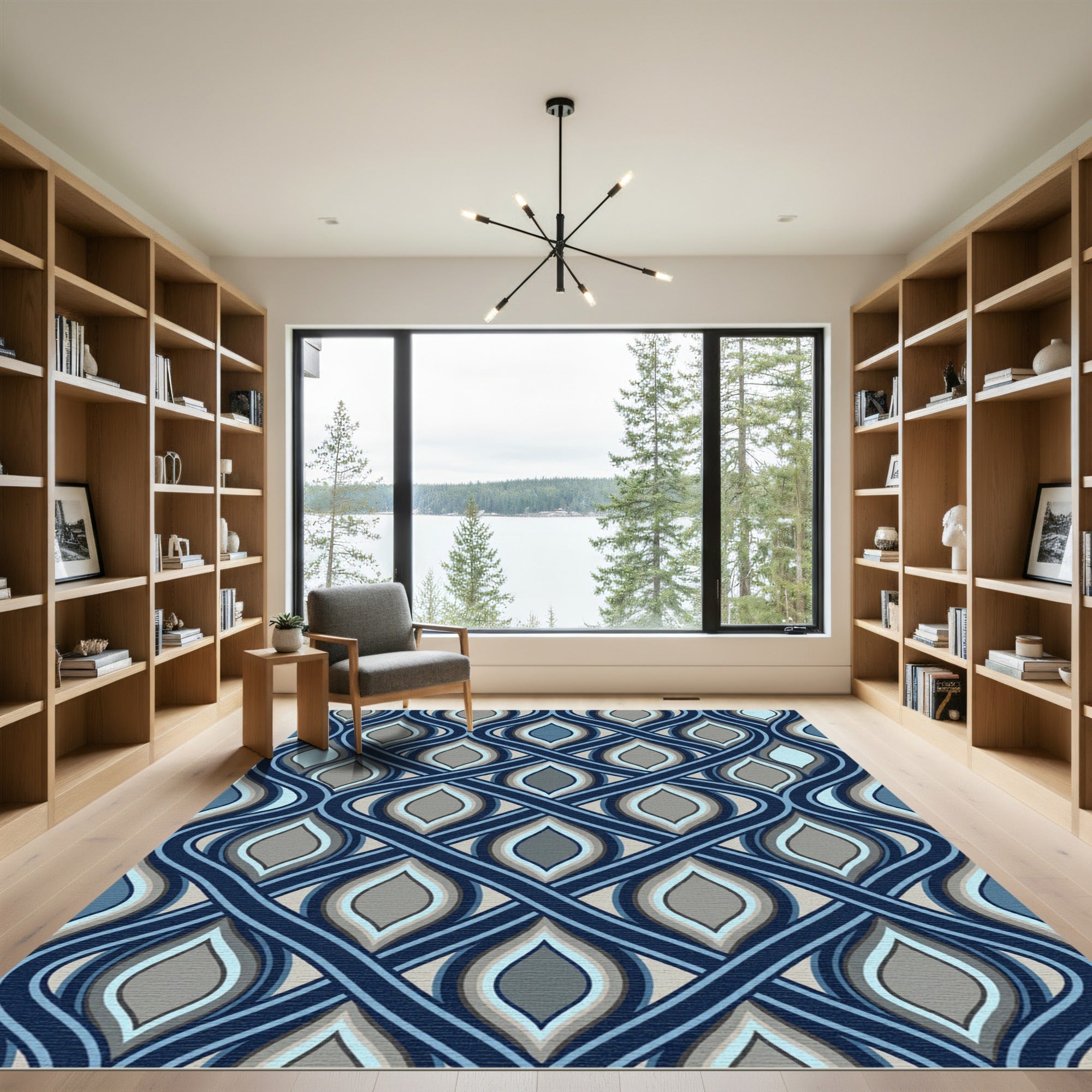 Interlocking Blue Wave Geometric Tile Rug