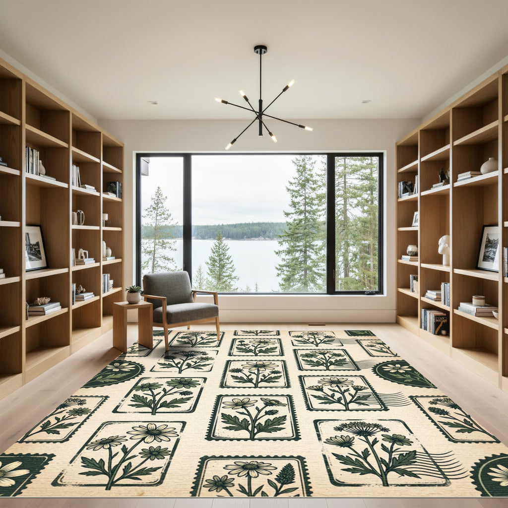 Vintage Botanical Postage Stamp Floral Field Rug