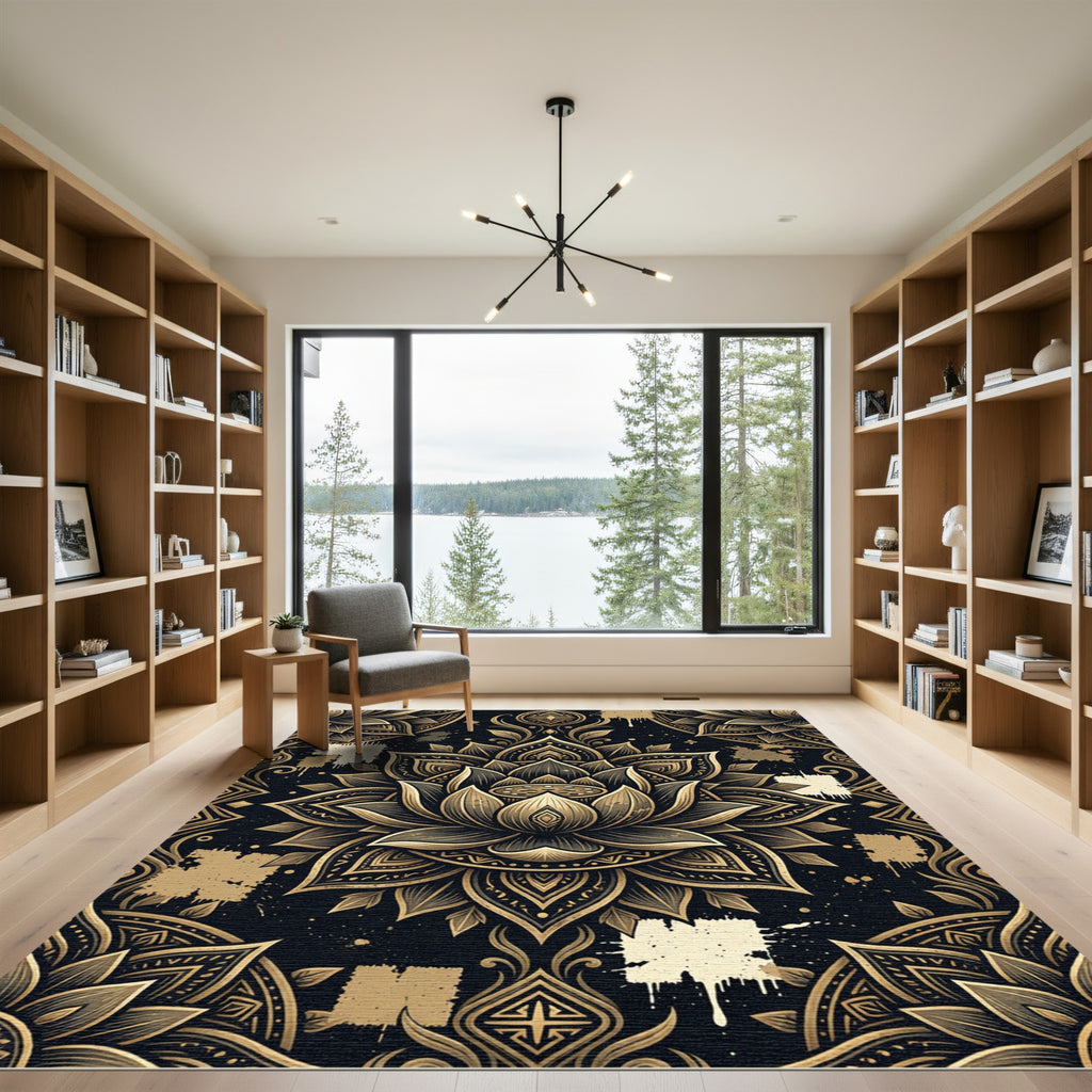 Golden Lotus Mandala Black Artistic Rug