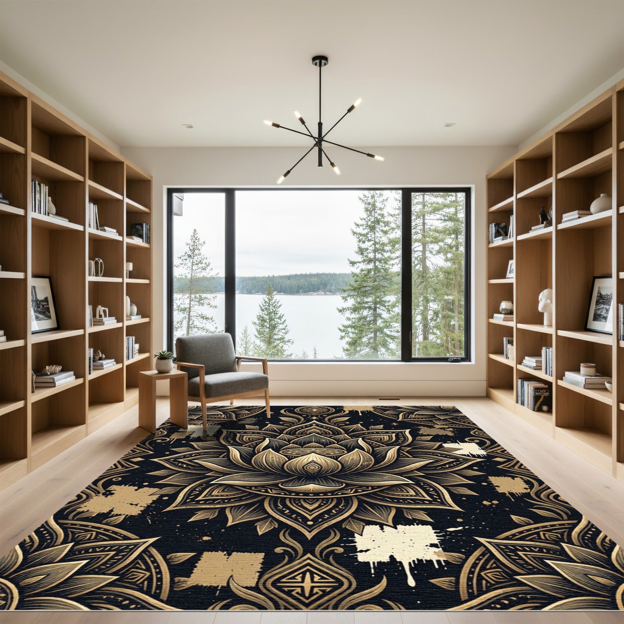 Golden Lotus Mandala Black Artistic Rug