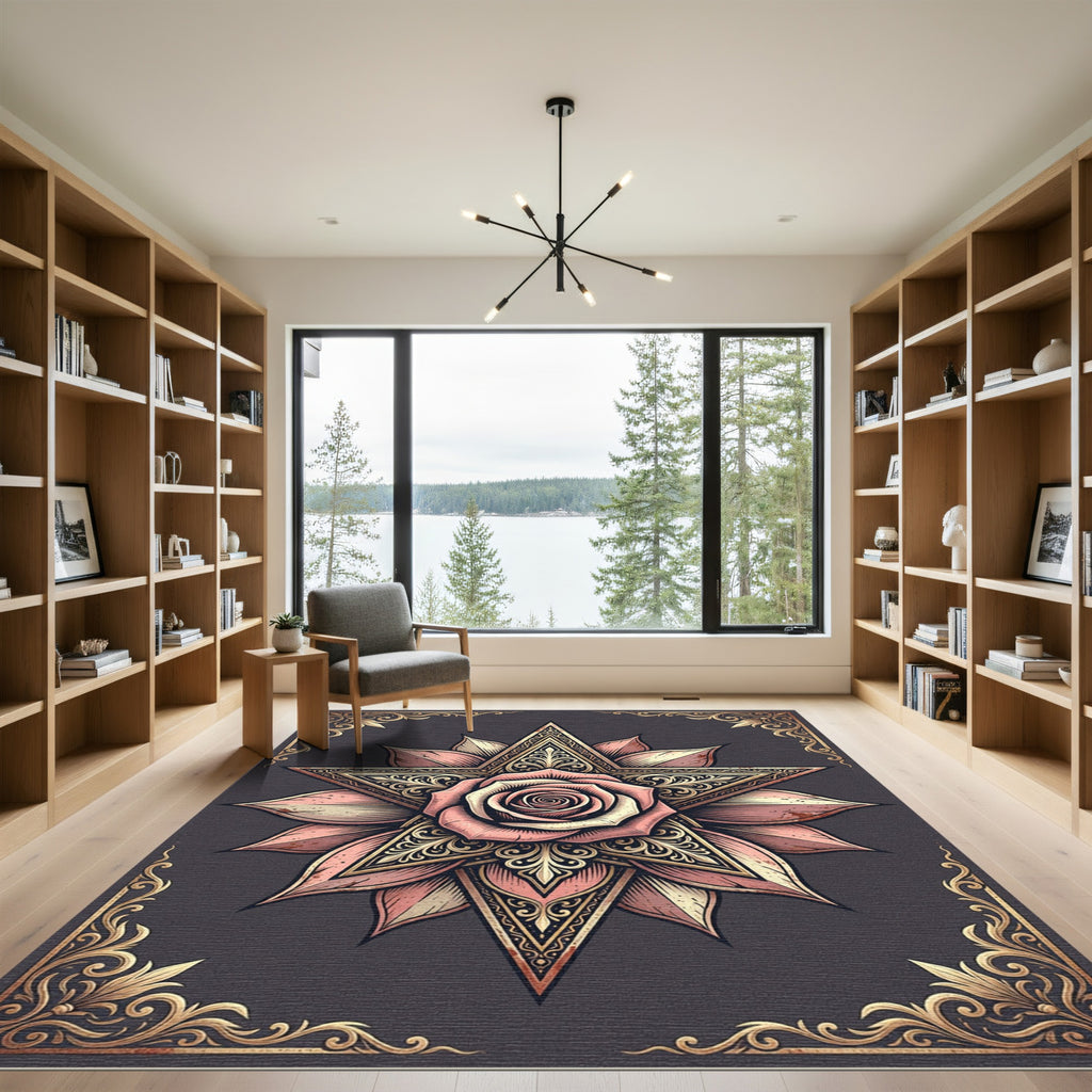 Elegant Blush Rose Golden Star Medallion Rug