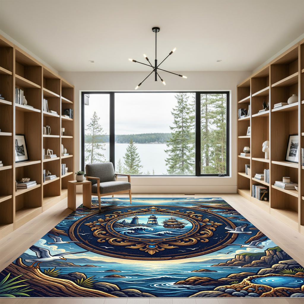 Nautical Navy Gold Lighthouse Emblem Rug