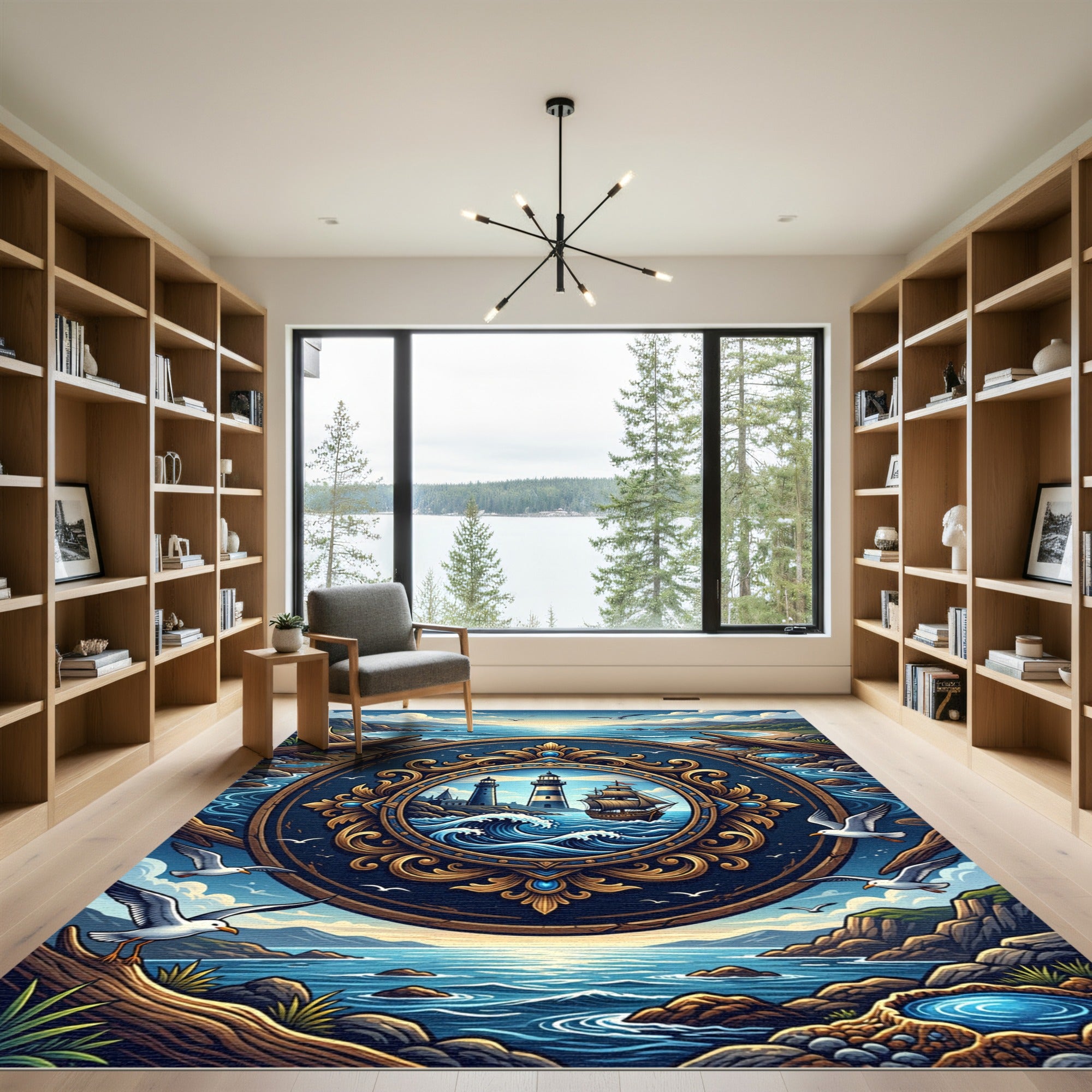 Nautical Navy Gold Lighthouse Emblem Rug
