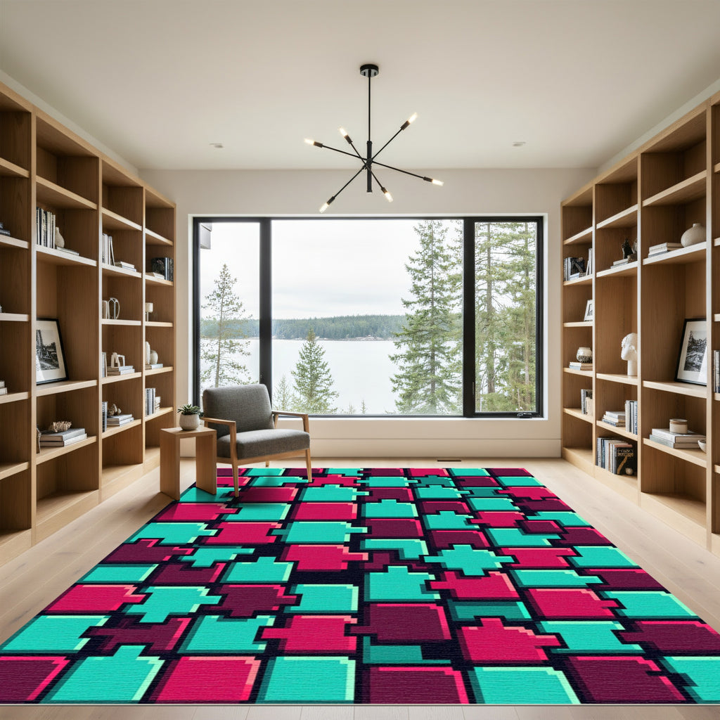 Geometric Pixel Art Teal Magenta Blocks Rug
