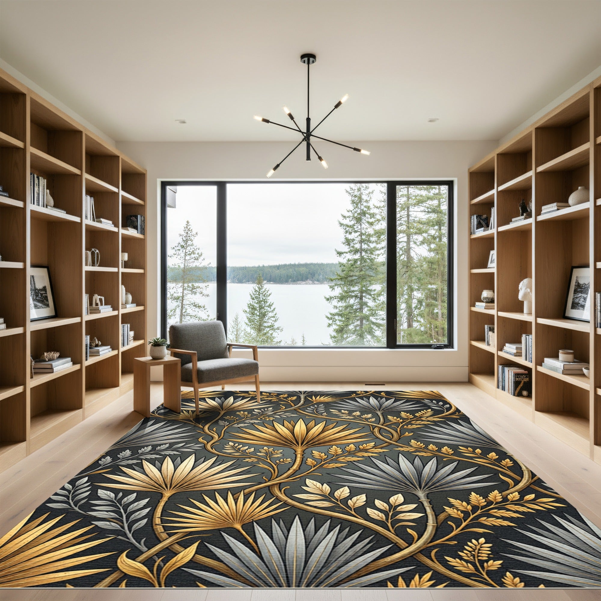 Opulent Gold Silver Palm Leaf Art Nouveau Rug