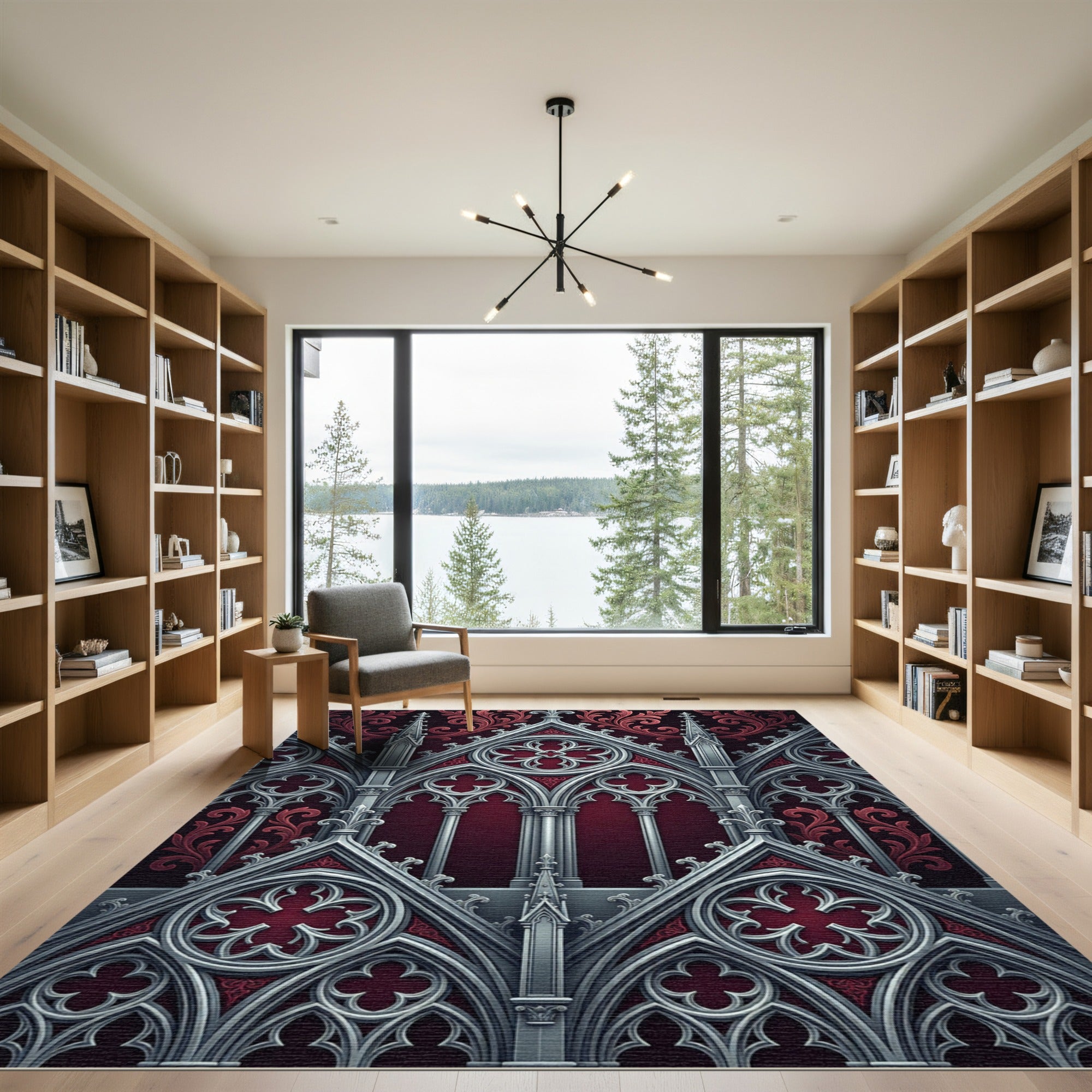 Gothic Silver Filigree Crimson Architecture Rug