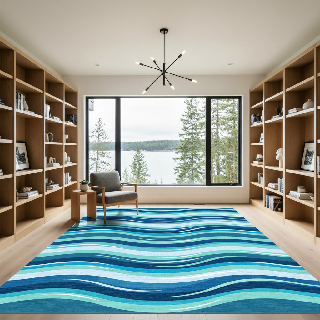 Modern Blue Oceanic Wavy Stripe Rug