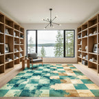 Watercolor Teal and Coffee Checkered Grid Rug