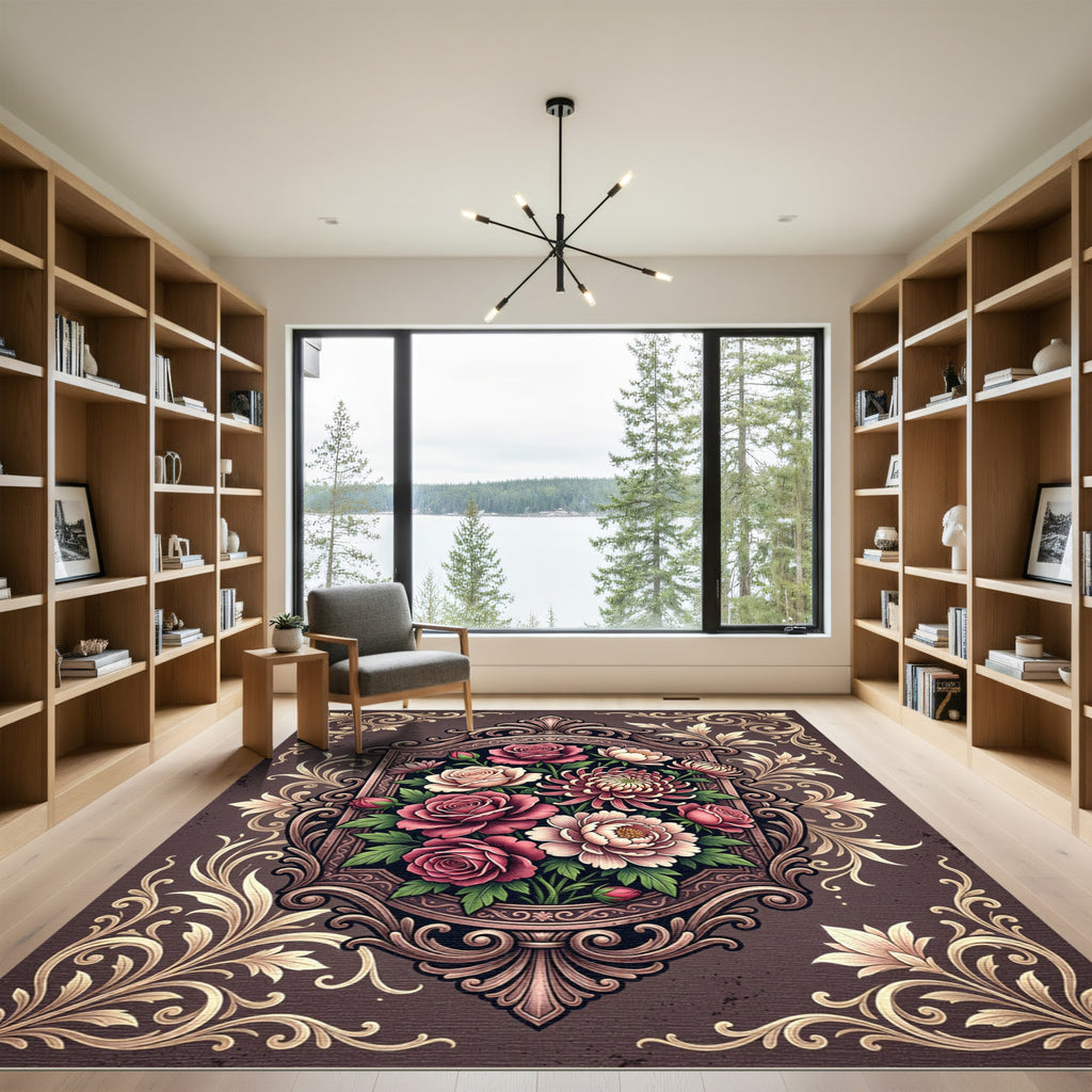 Crimson Pink Floral Oval Frame Rug