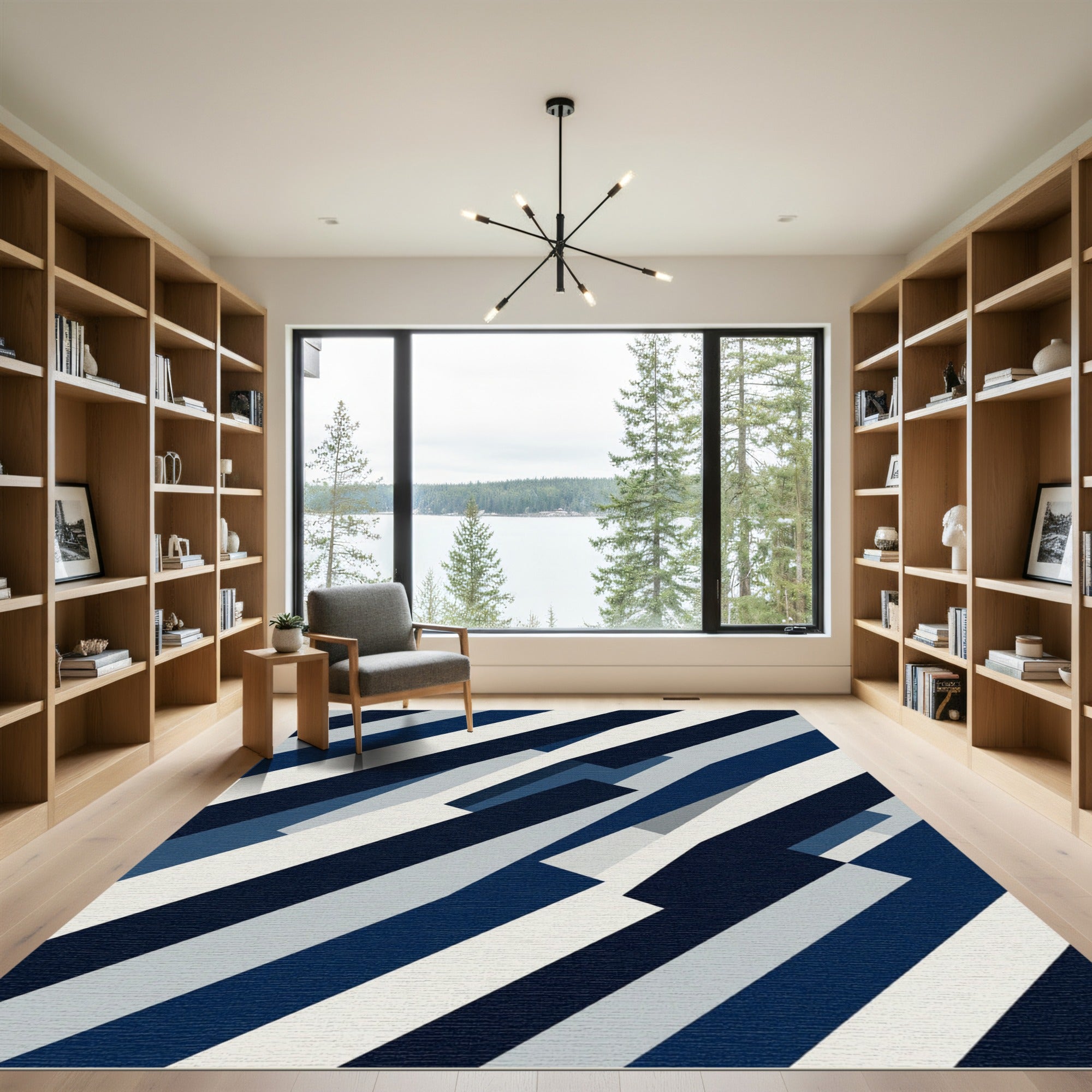 Modern Abstract Navy Slate Geometric Stripe Rug
