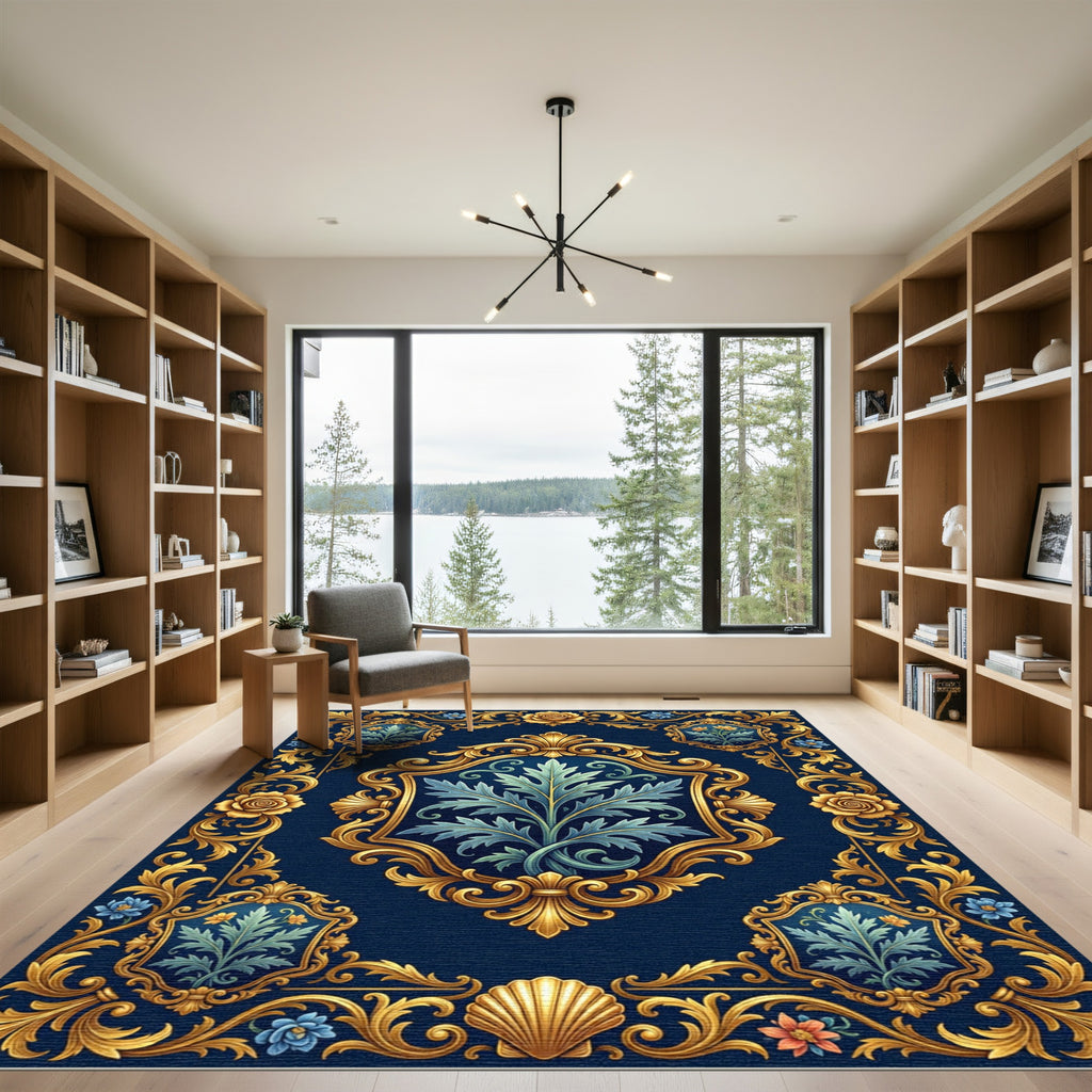 Regal Blue Gold Floral Crest Rug