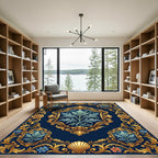 Regal Blue Gold Floral Crest Rug