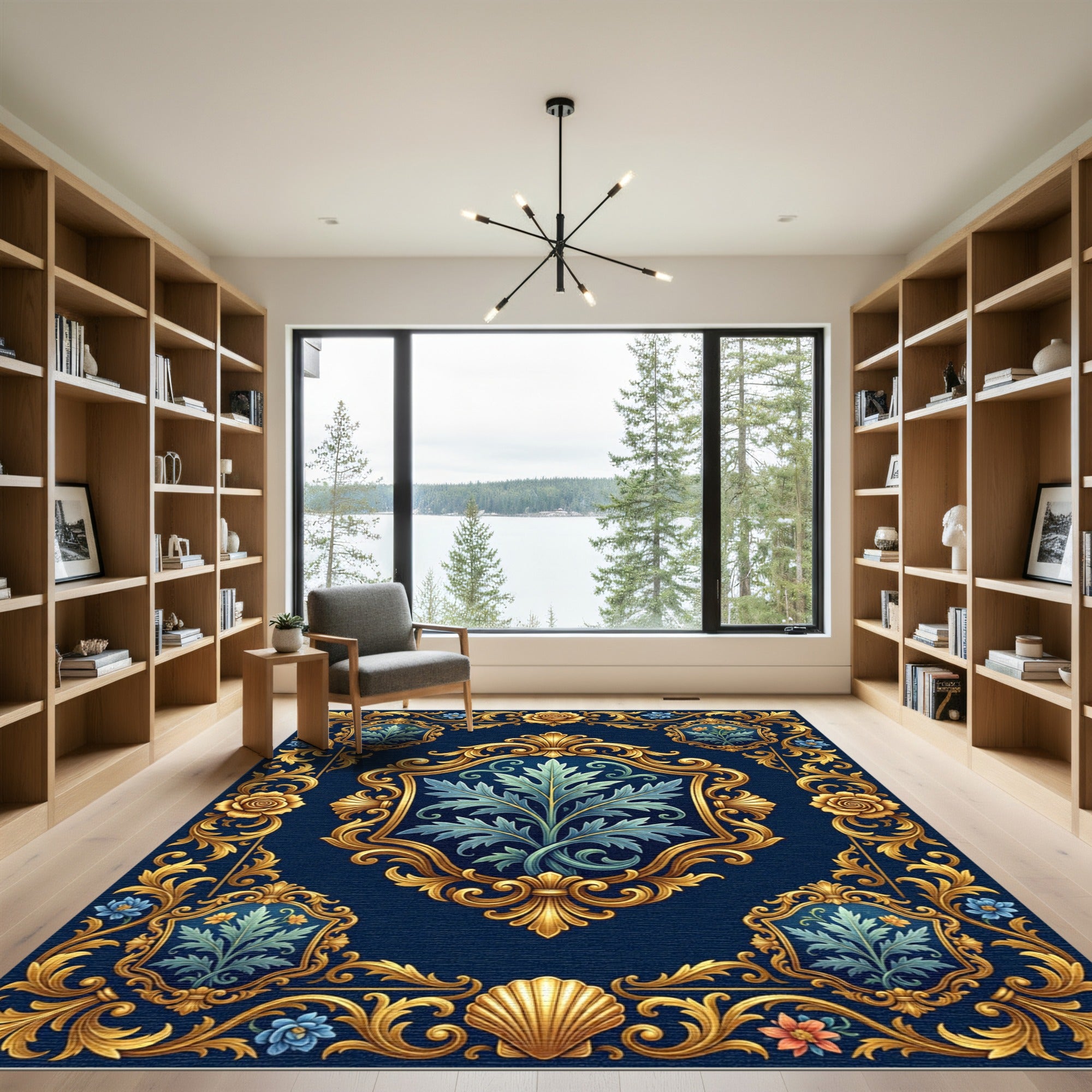 Regal Blue Gold Floral Crest Rug