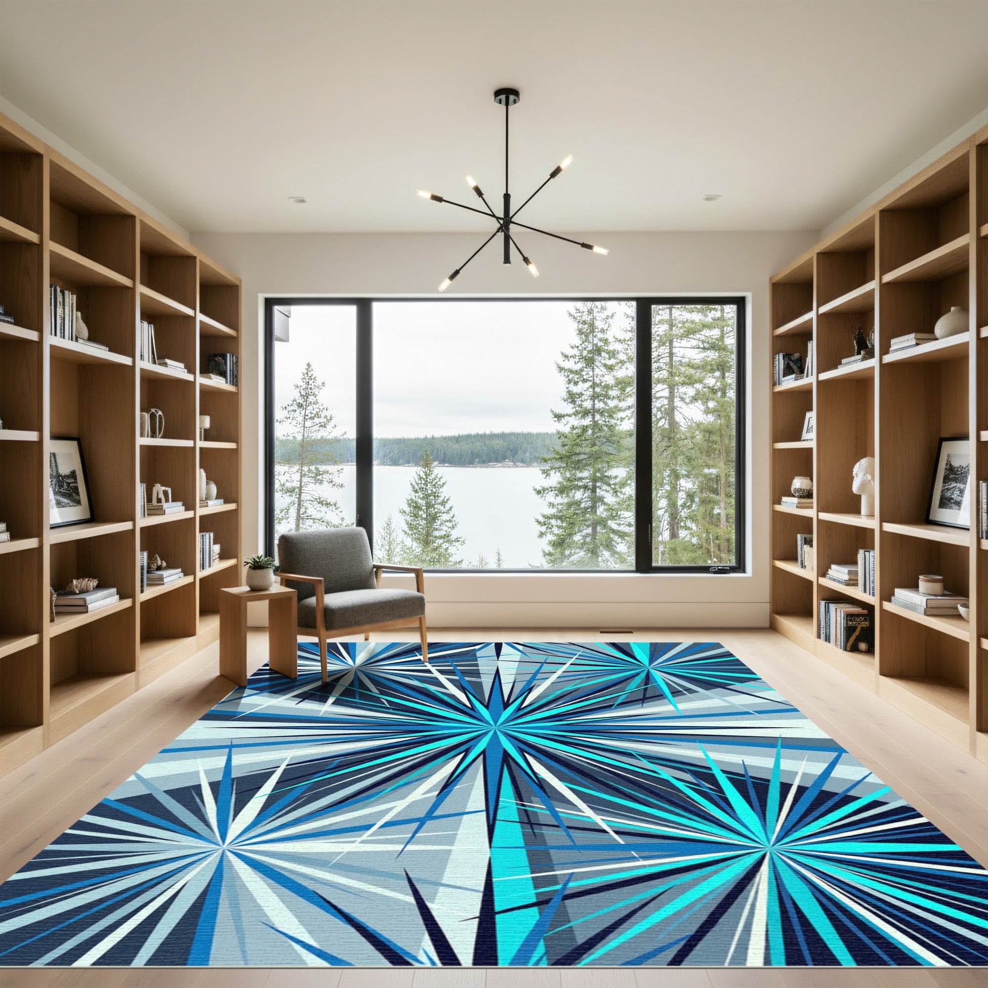 Radiant Blue Geometric Starburst Abstract Rug