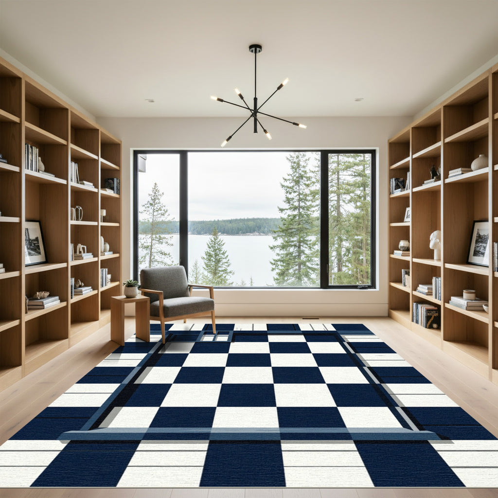 Deep Blue White Checkerboard Border Rug