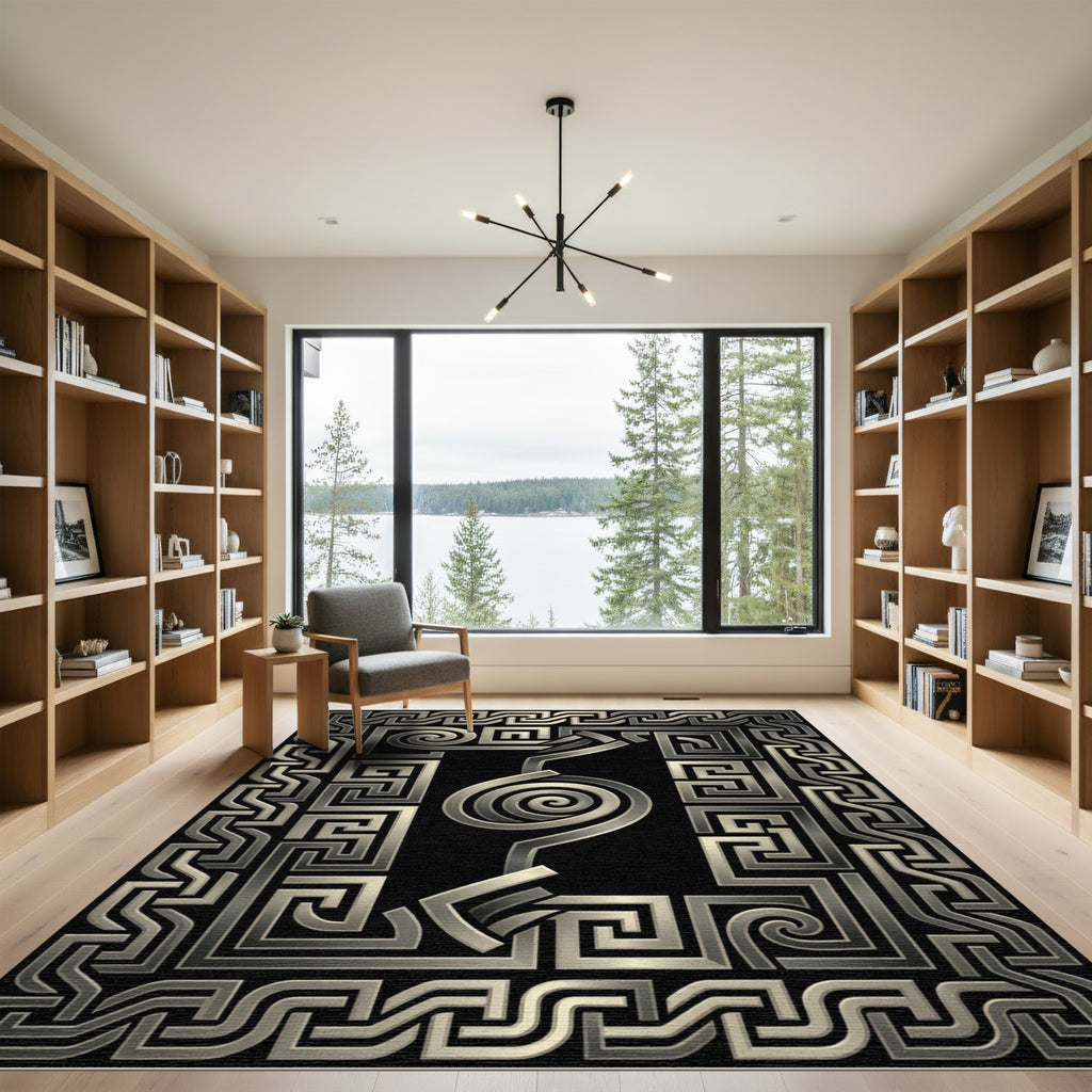 Metallic Greek Key Swirl Statement Rug