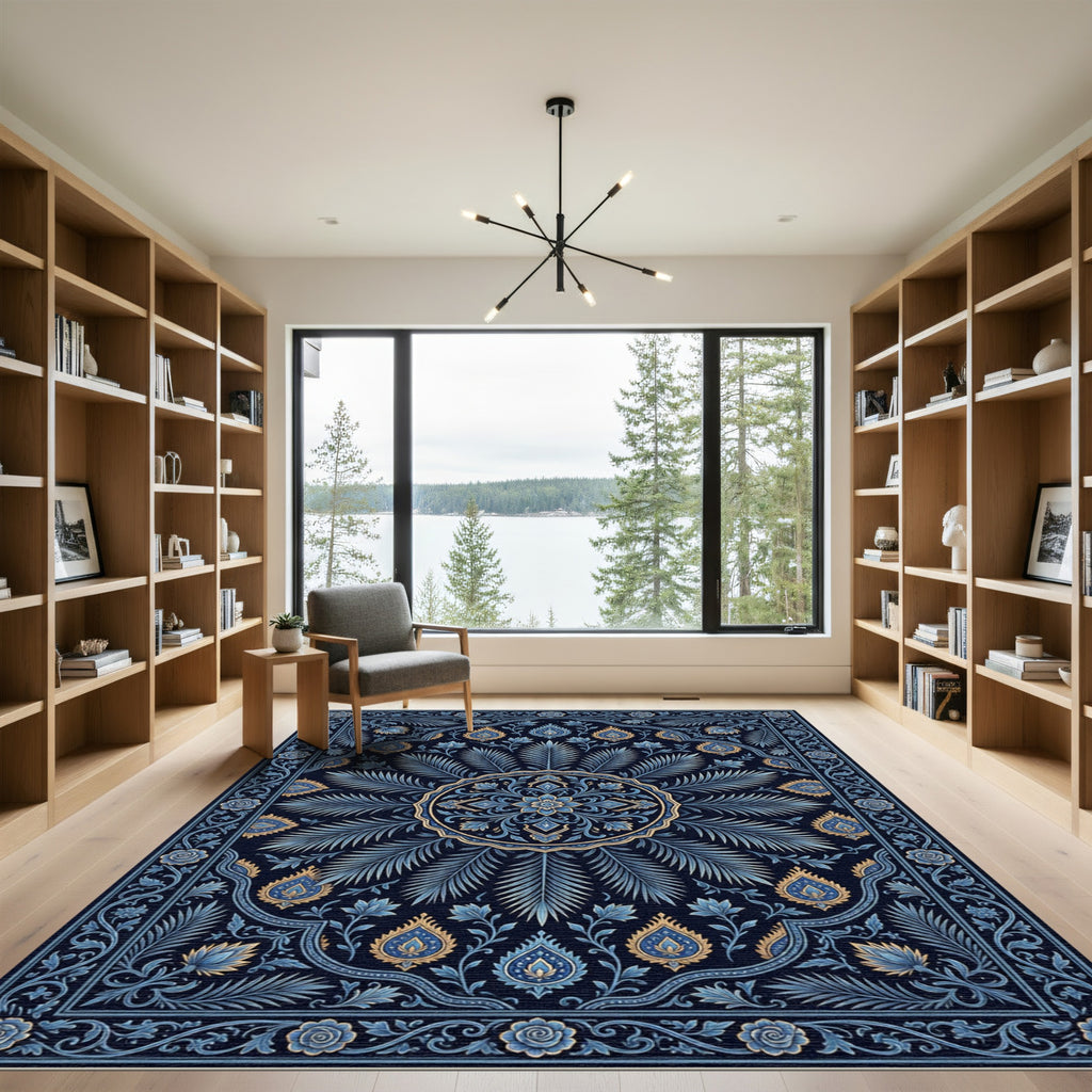 Lush Blue Floral Medallion Symmetry Rug